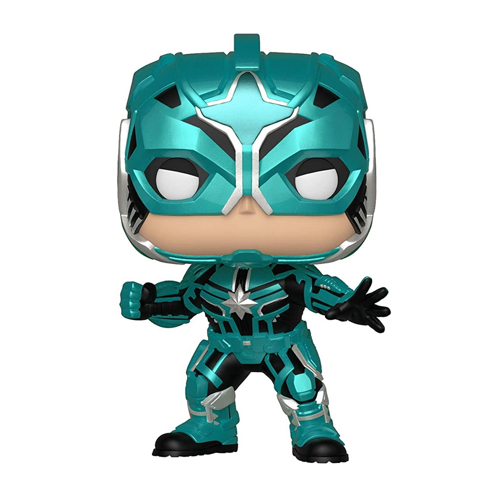 Figurka Funko Pop Kapitan Marvel. Turkusowy strój, pozycja superbohatera.