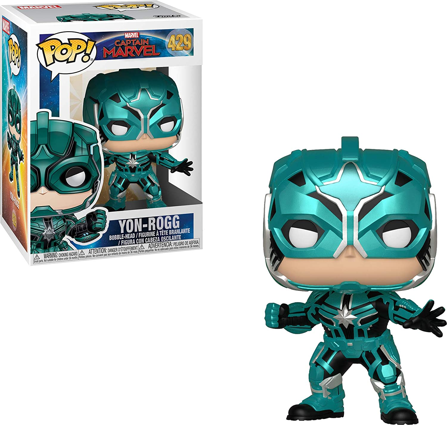Figurka Funko Pop Yon-Rogg Kapitan Marvel, w turkusowo-czarnym stroju i białej masce.