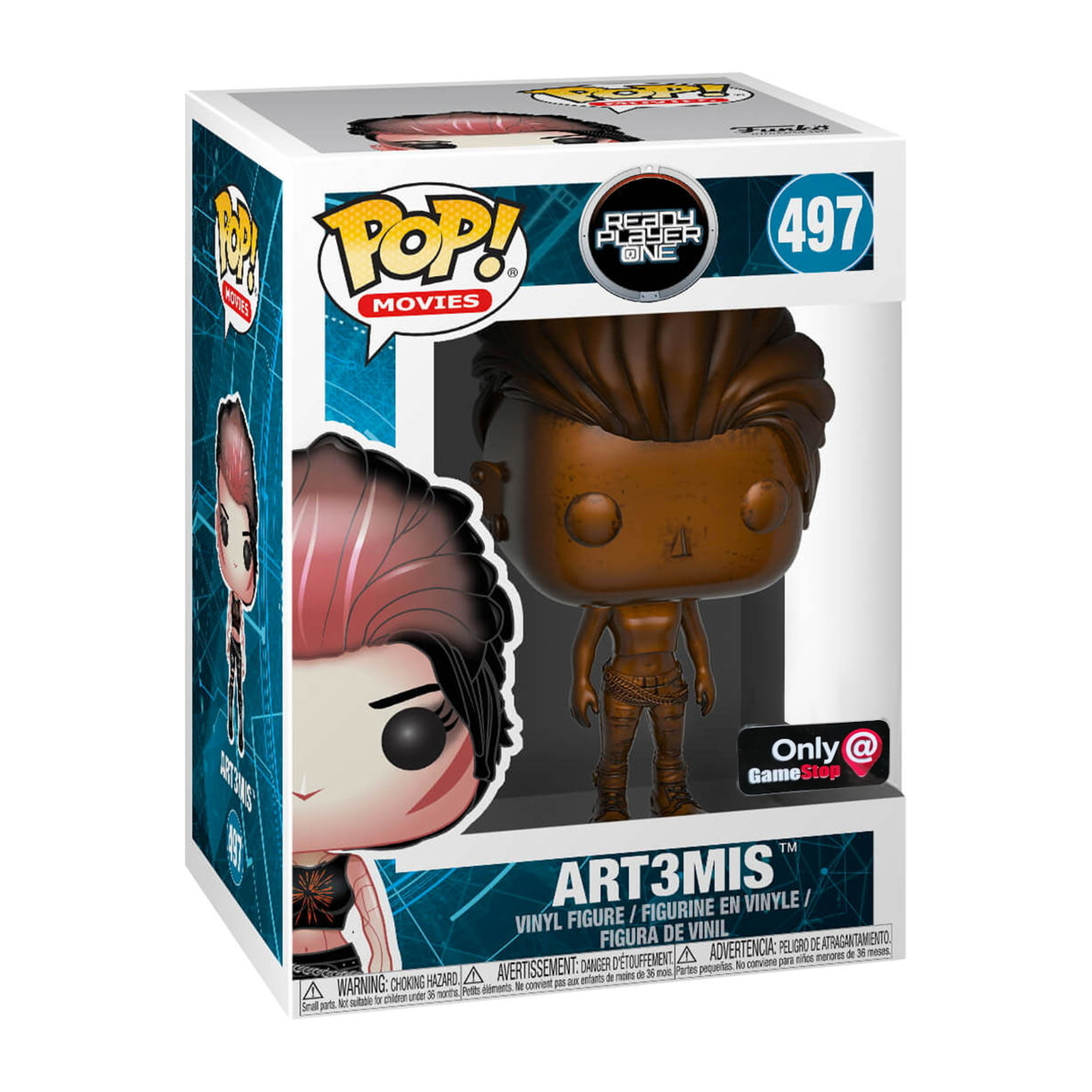 Art3mis Figur in einer Box. Sie ist braun mit pinken Haaren und einem Outfit.