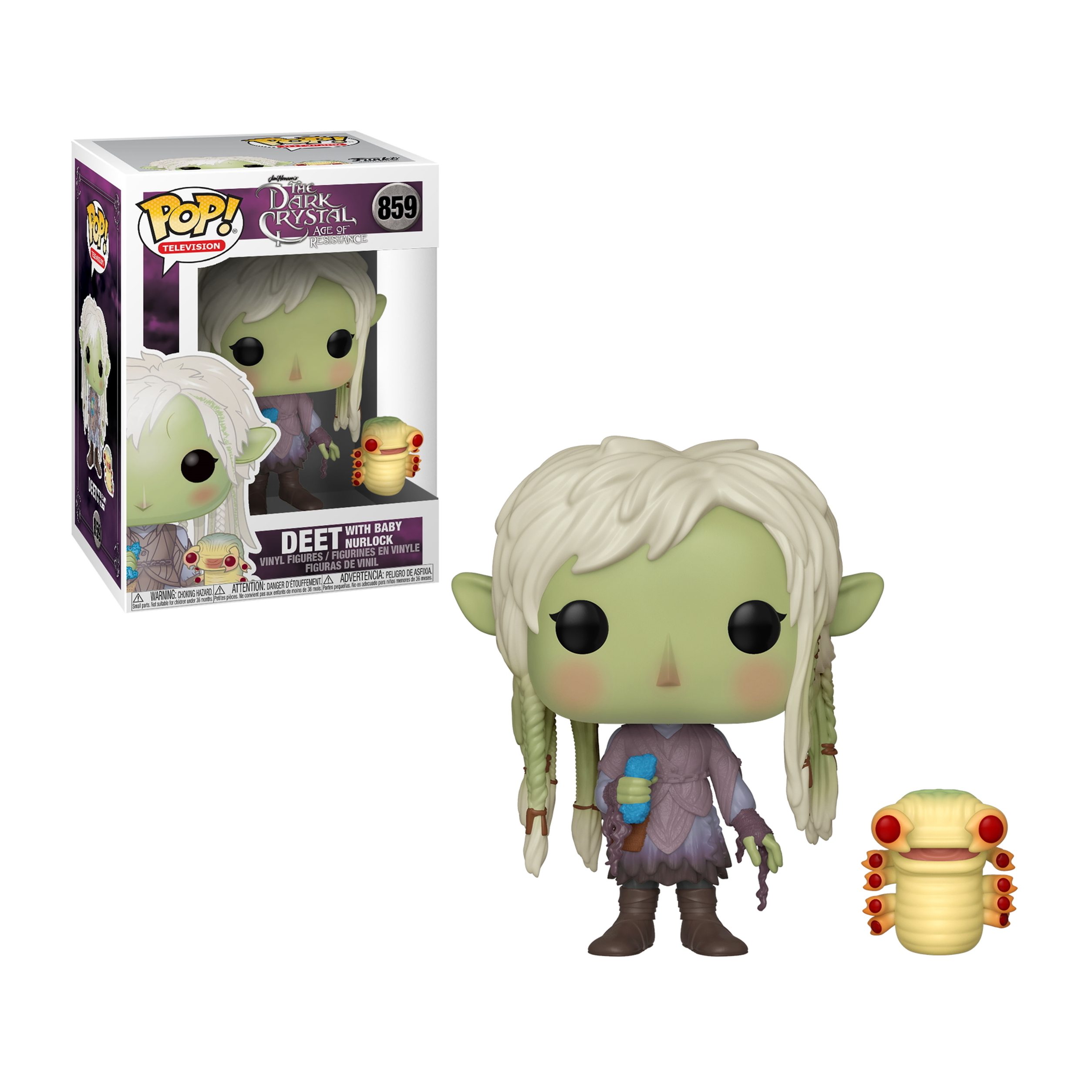 Funko Pop di una figura dalla pelle verde, personaggio di The Dark Crystal, con una piccola bambola.