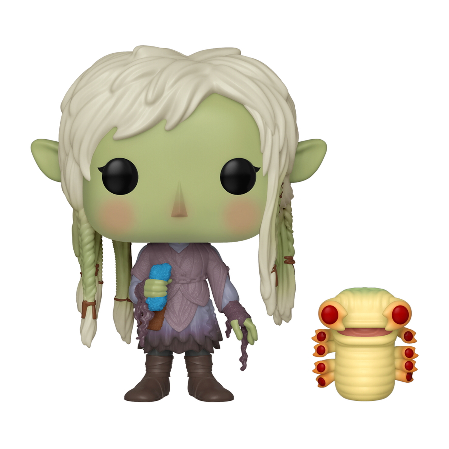 Funko Pop di un'elfa dalla pelle verde con lunghi capelli e una piccola creatura accanto a lei.