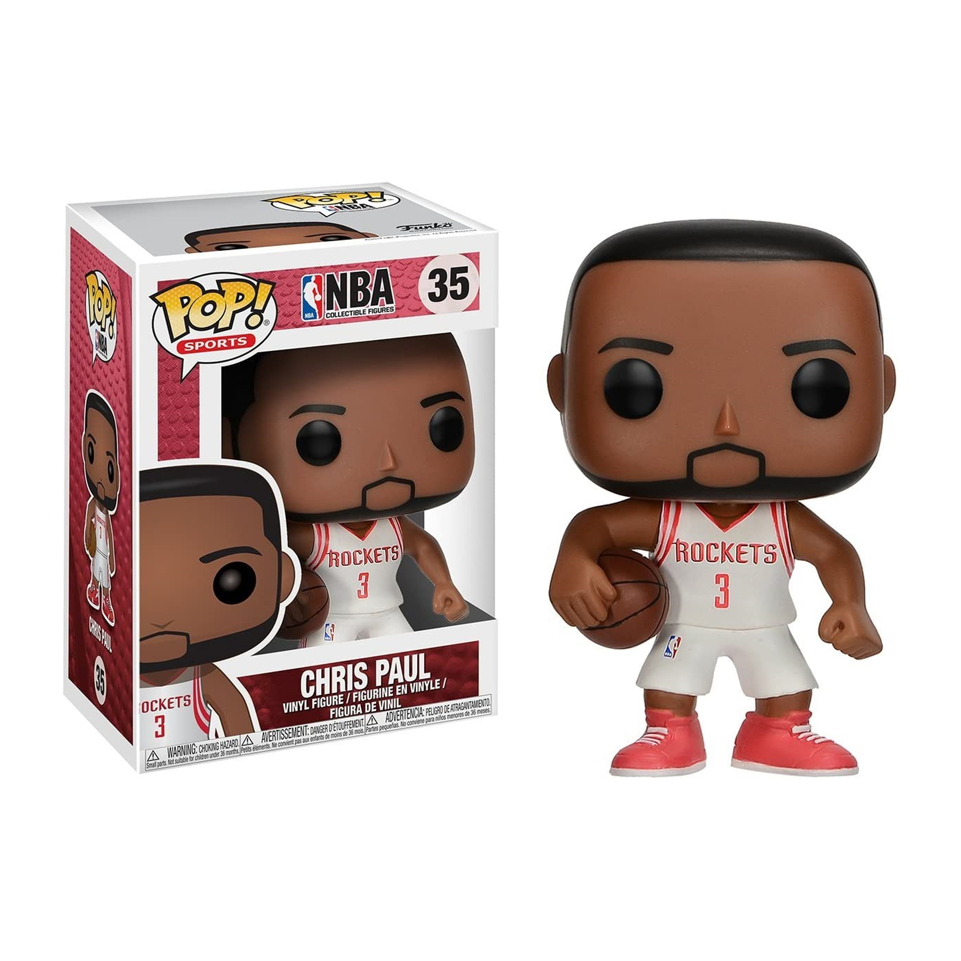 Chris Paul Funko Pop Figur im Rockets Trikot, hält einen Basketball.