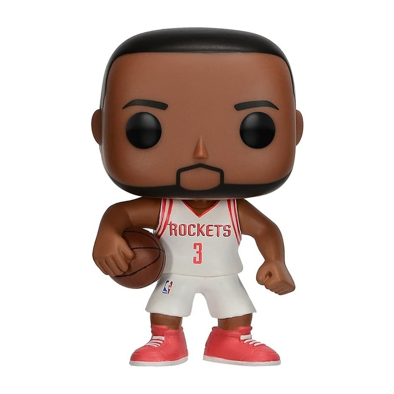 Eine Funko Pop-Figur eines Basketballspielers in einem Rockets-Trikot, der einen Basketball hält.