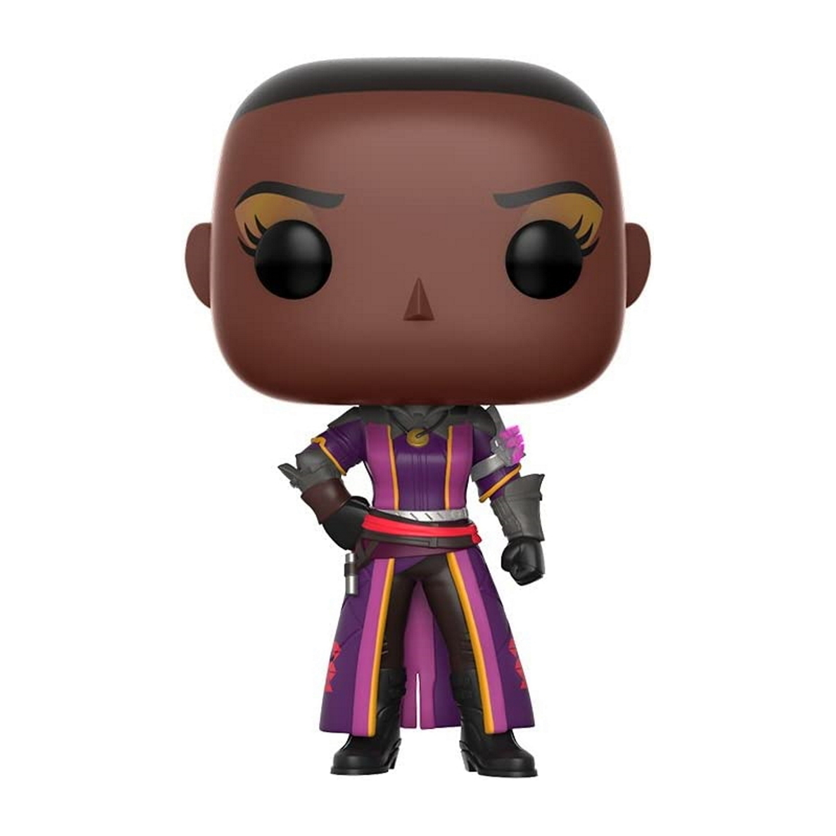 Funko Pop Figur einer schwarzen Frau in einem lila und roten Outfit, kurzen Haaren und schwarzen Stiefeln.