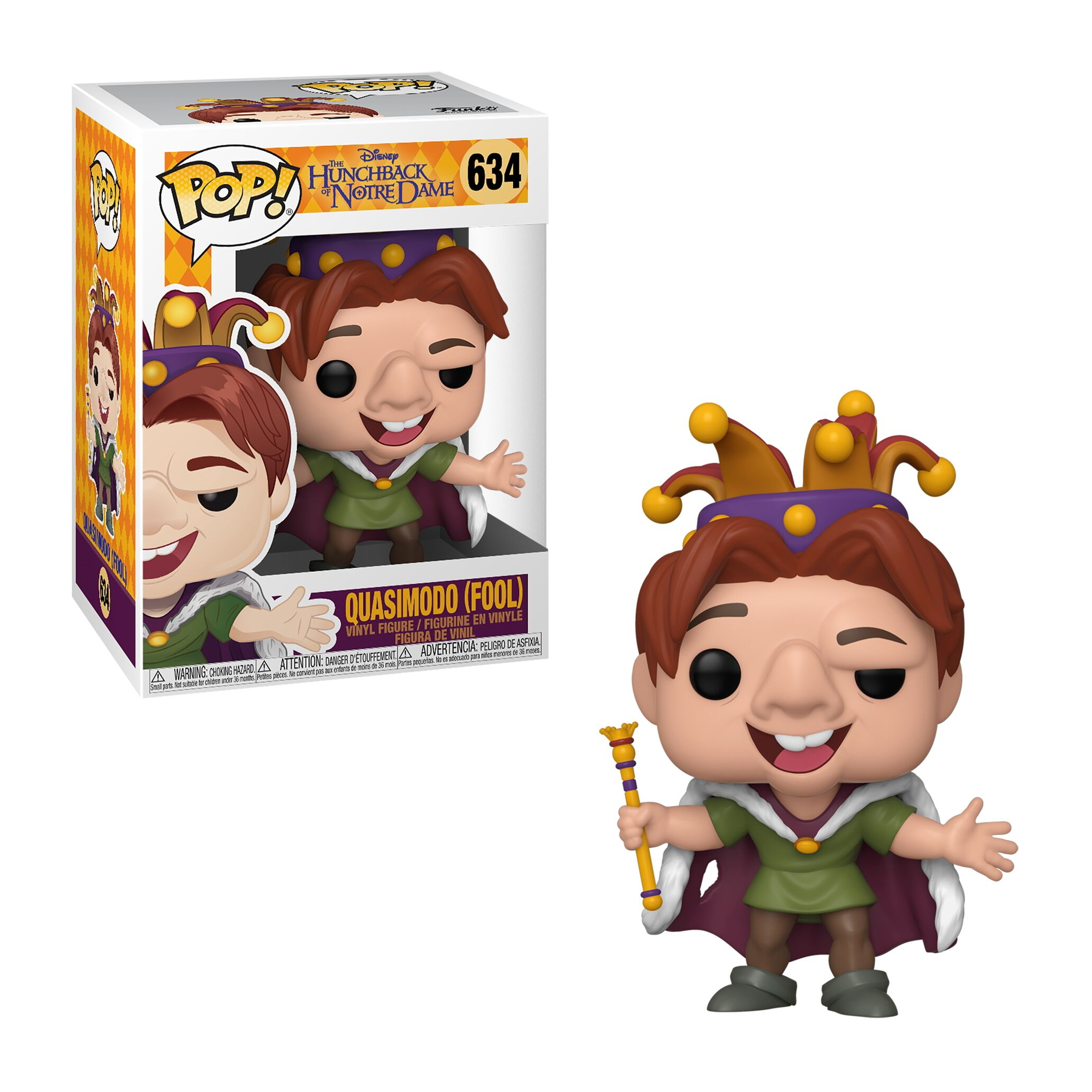Figura di Quasimodo da Il Gobbo. Indossa un cappello viola e un abito verde.