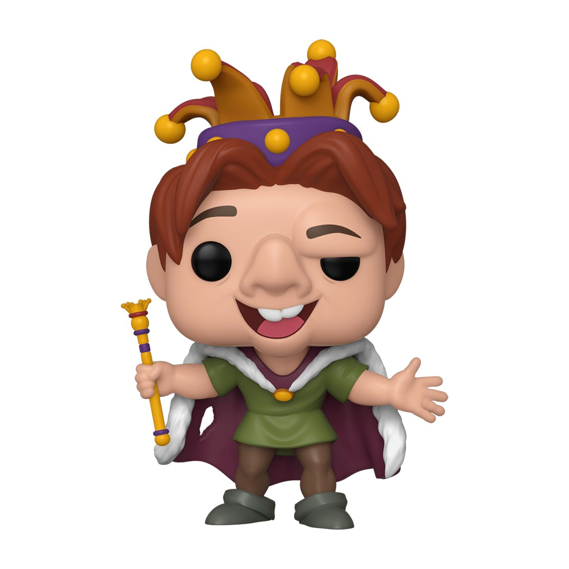 Figura del Gobbo, stile cartone animato, con un bastone e un cappello da giullare. Sorridente.