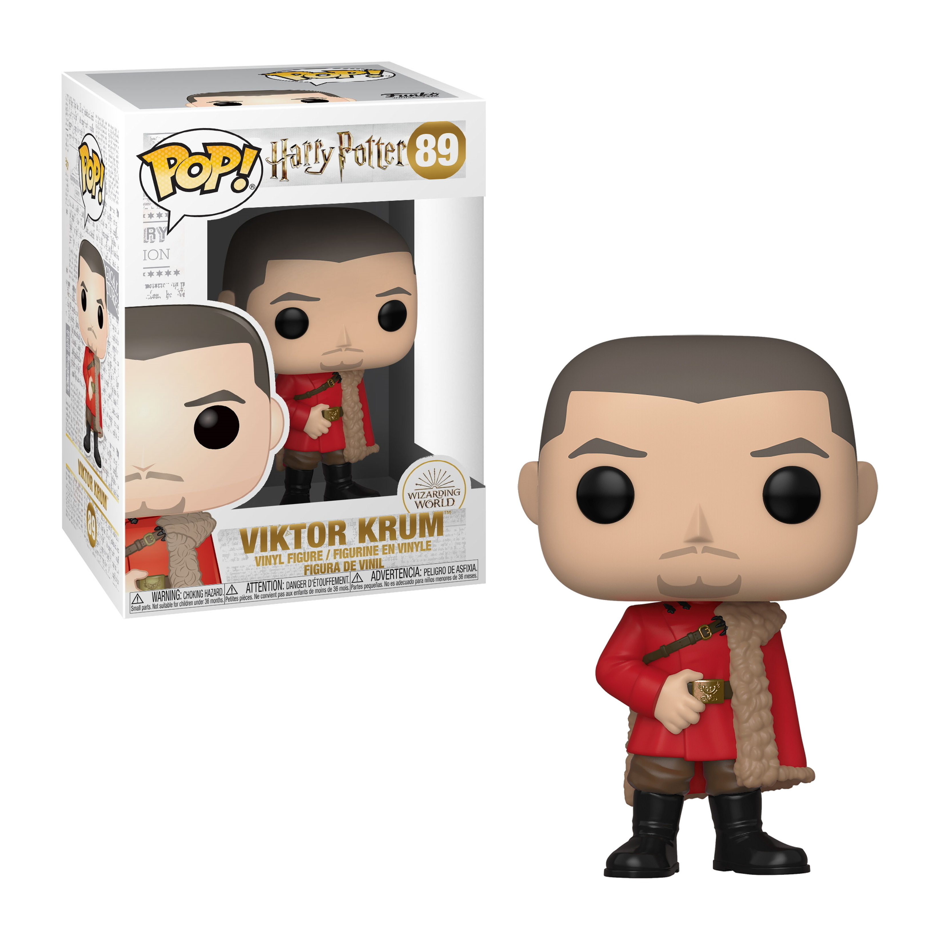 Funko Pop von Viktor Krum in rotem Mantel, mit Box links. Weißer Hintergrund.