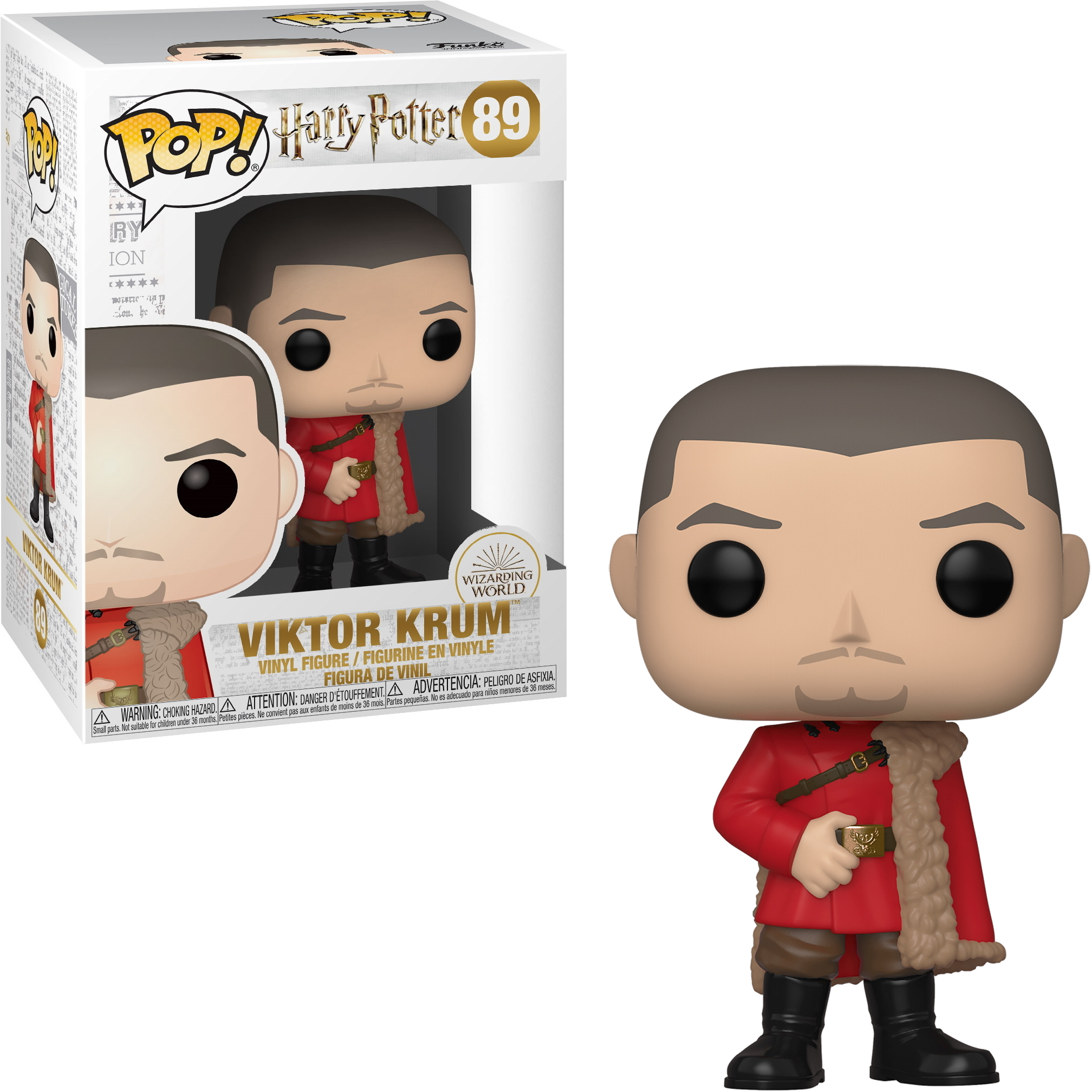 Viktor Krum Harry Potter Funko Pop Figur. Roter Mantel, Pelzkragen, schwarze Stiefel, hält eine Tasse.