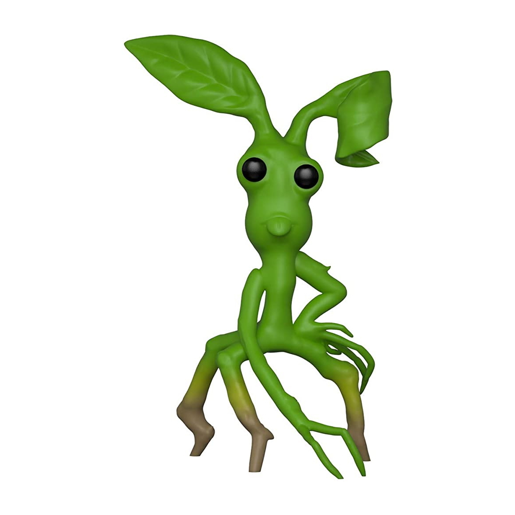 Eine grüne, pflanzenartige Kreatur Funko Pop Figur mit großen Blättern und schwarzen Augen. Weißer Hintergrund.