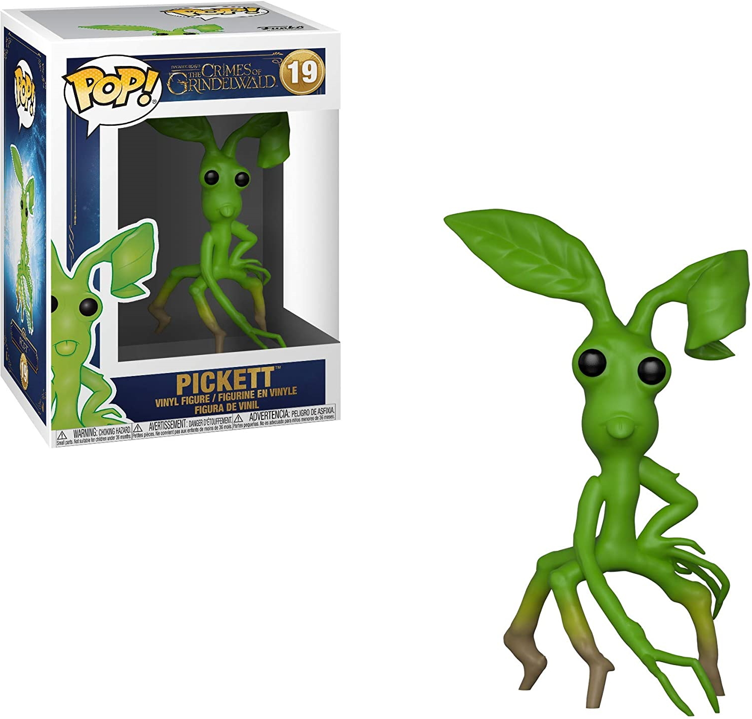 Pickett, eine grüne, pflanzenartige Kreatur aus 'Phantastische Tierwesen', steht neben seiner Box. Die Figur ist grün und hat blattähnliche Merkmale.