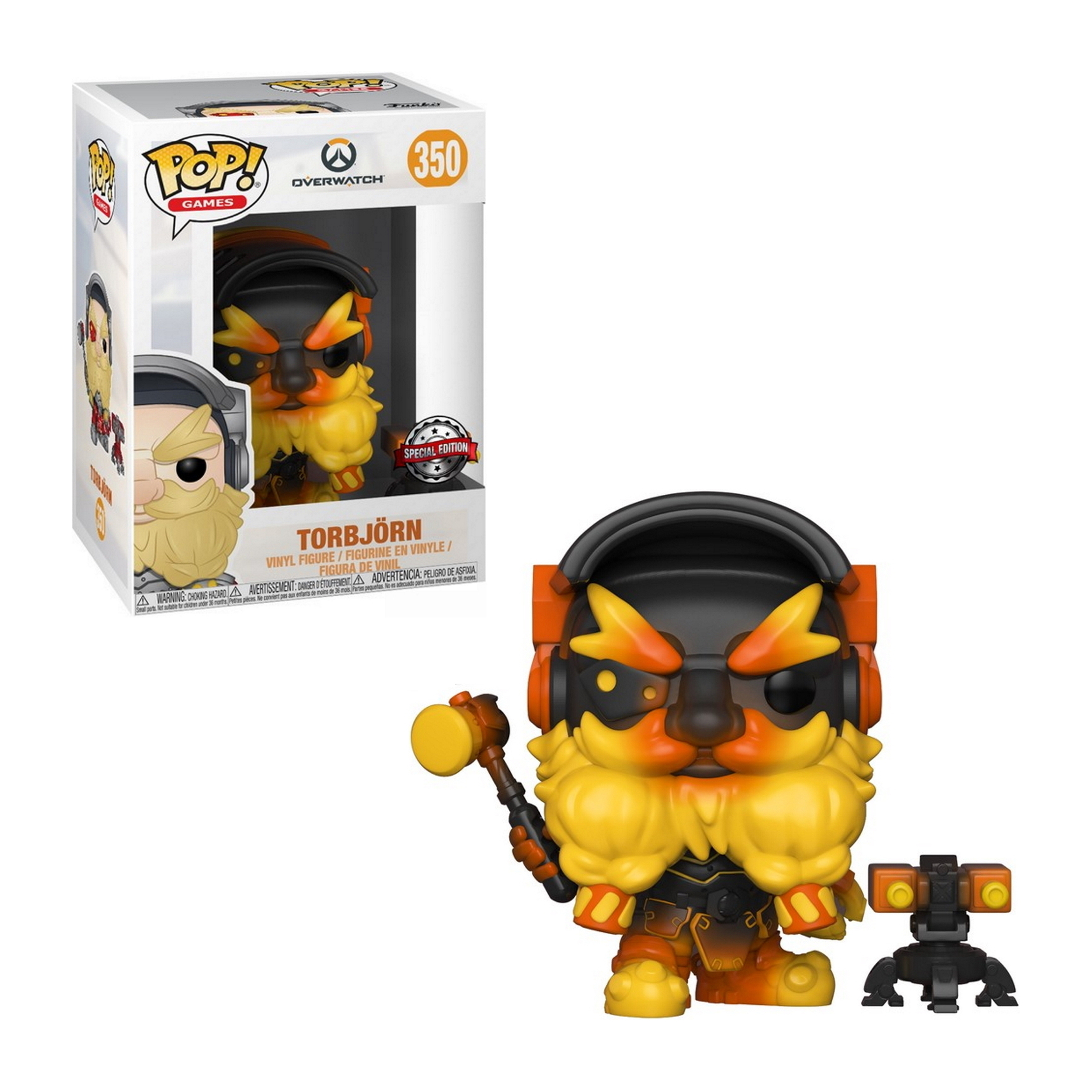 Funko Pop Figur von Torbjörn aus Overwatch, mit Hammer und Geschütz.