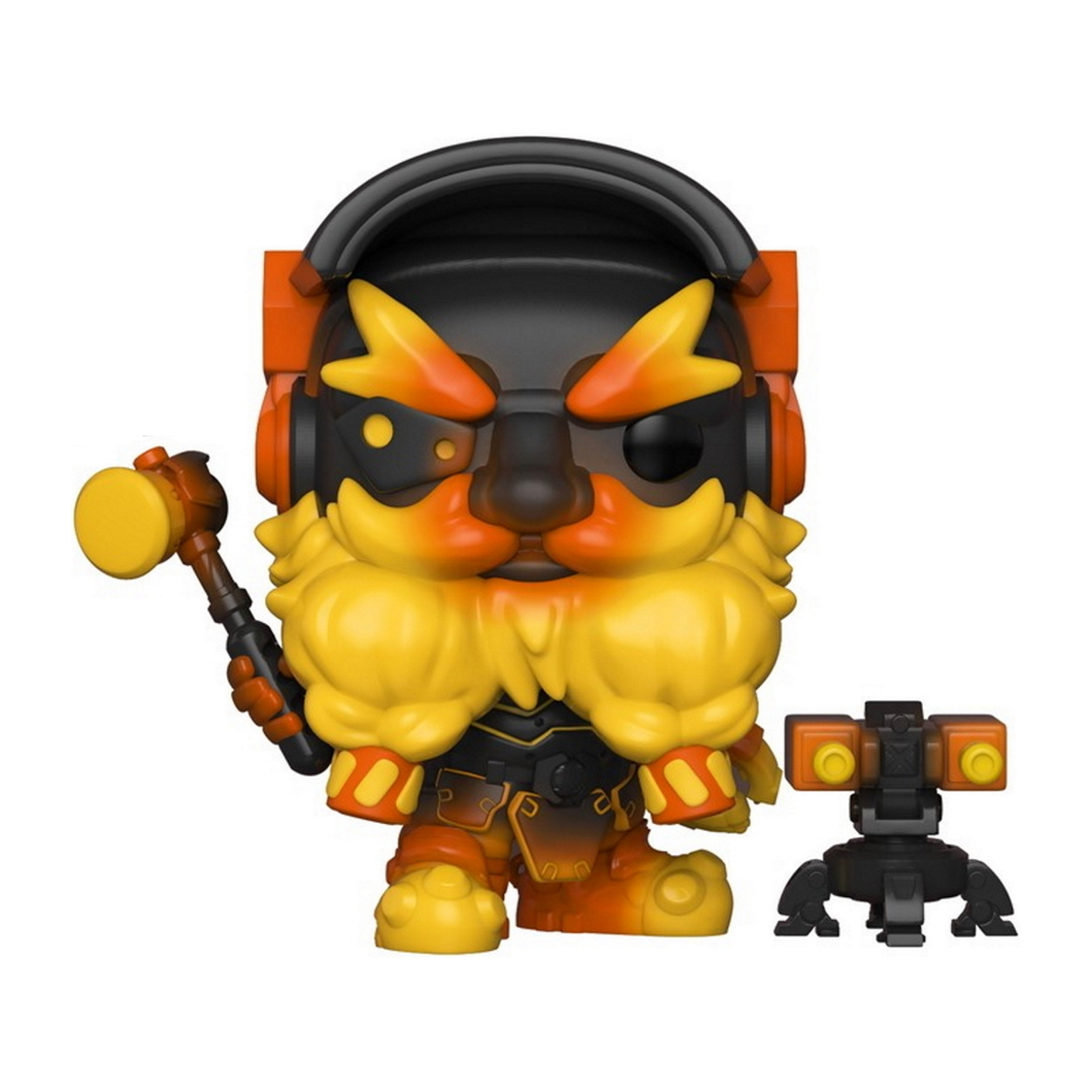 Eine Funko Pop-Figur eines Charakters mit orangefarbenem Bart und Kopfhörern, der einen Hammer und einen kleinen Roboter hält.