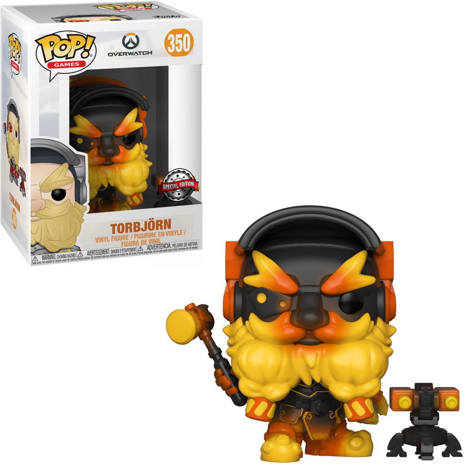 Torbjörn Funko Pop-Figur mit Bart und Hammer, in einer Box. Orange und schwarze Farben.