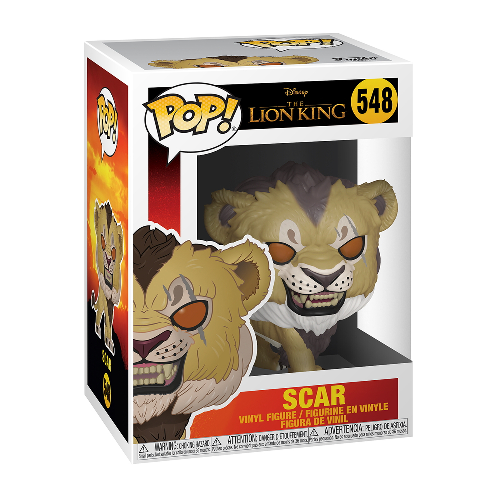 Figura Pop! Scar del Re Leone in scatola. Scar è nella scatola. La scatola è bianca e rossa.