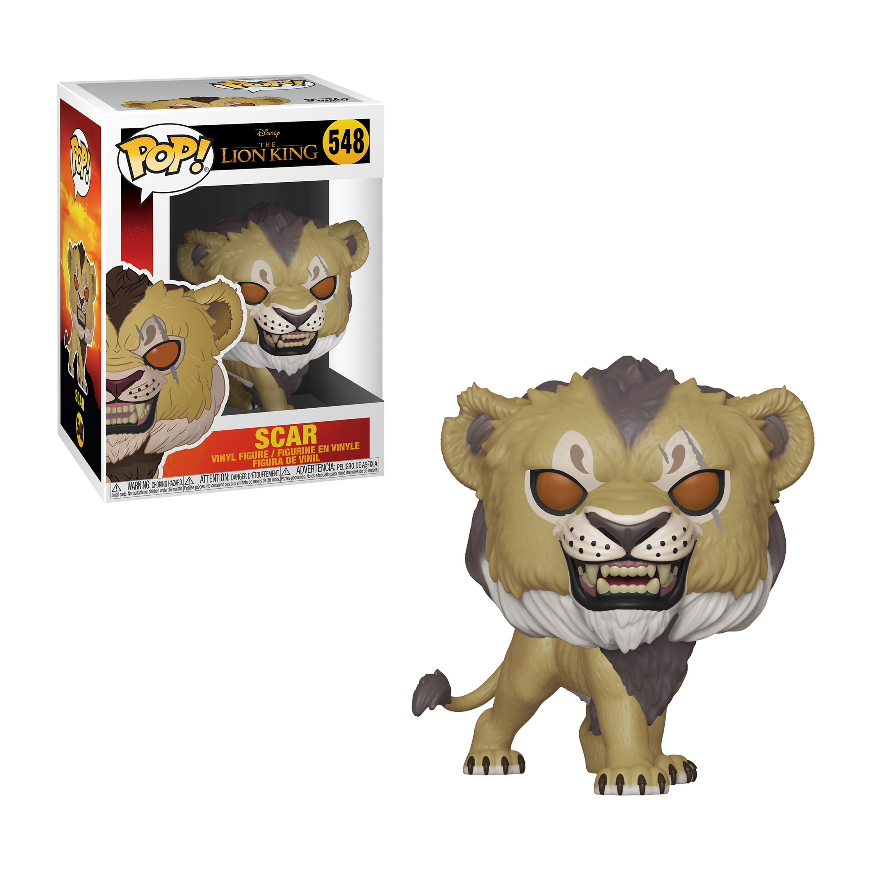 Una figura Funko Pop di Scar de Il Re Leone. È una figura di leone con una cicatrice e una faccia ringhiosa.