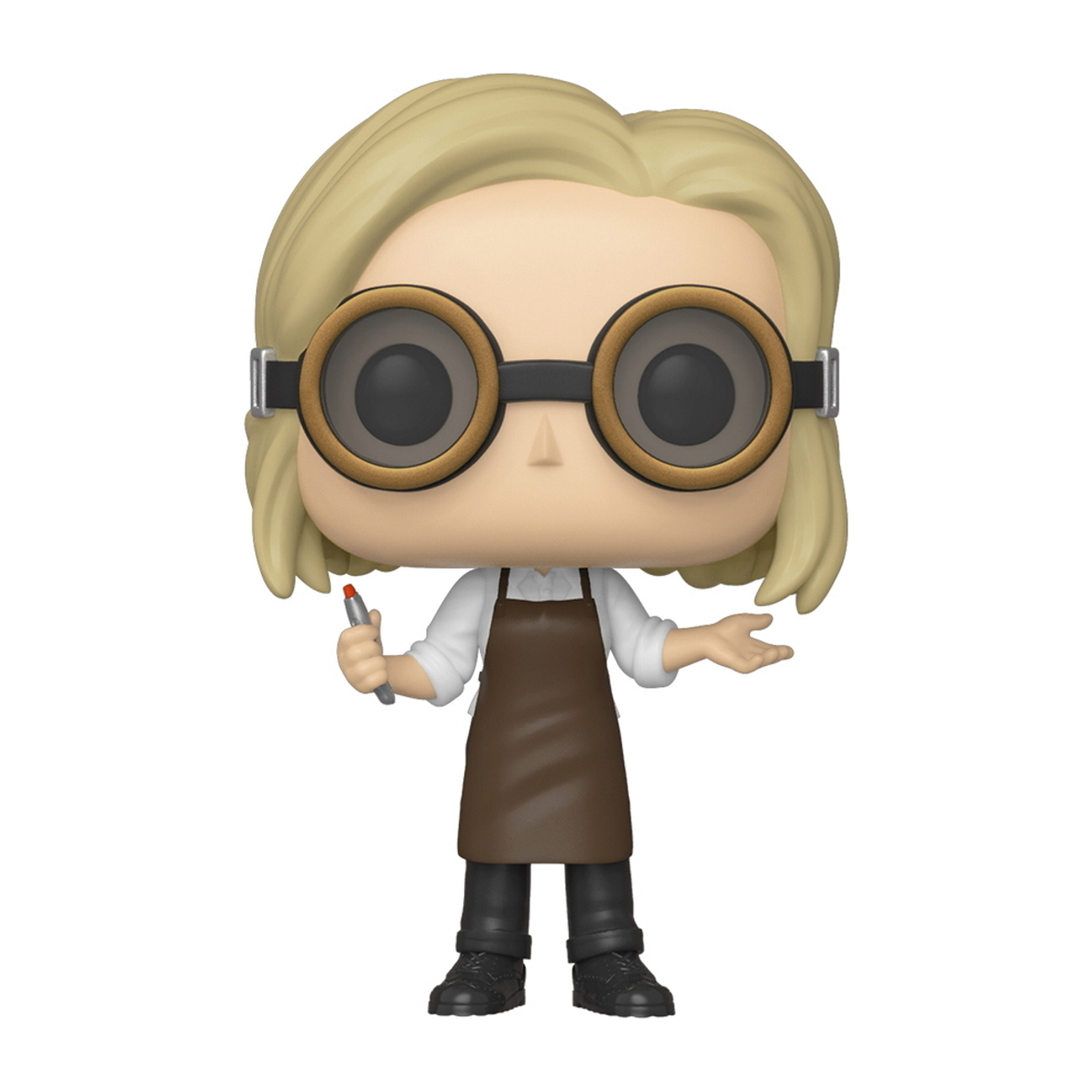 Une femme avec des lunettes, un tablier marron, tenant un stylo.