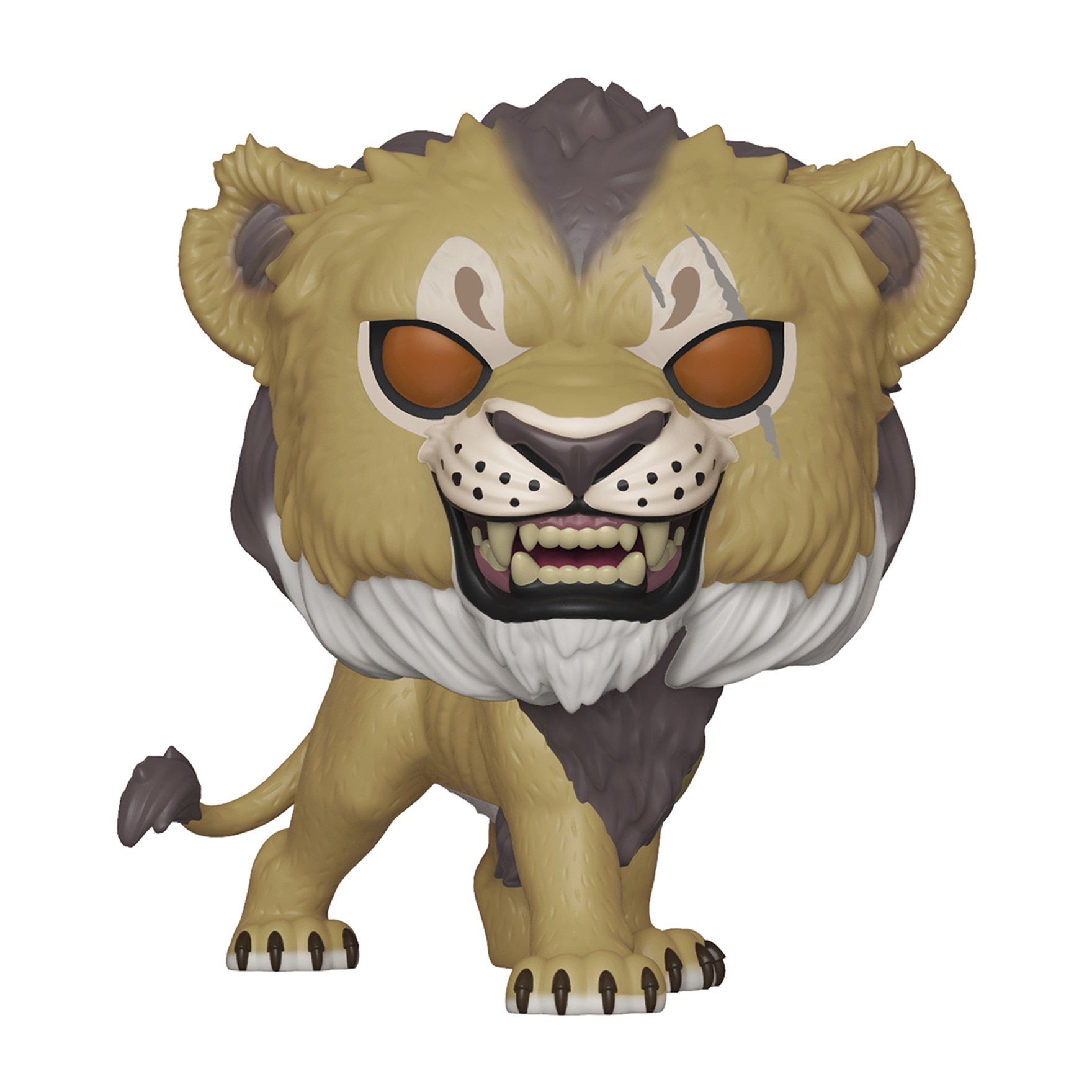 Statuetta Funko Pop di leone con cicatrice, zanne e smorfia. È per lo più giallo, con accenti marroni e grigi.
