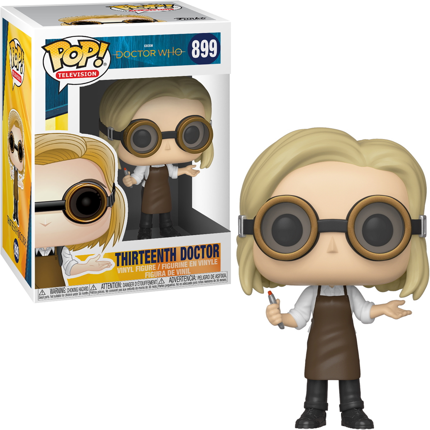 Figurine Funko Pop du Treizième Docteur de Doctor Who, tenant un stylo, avec boîte à gauche.