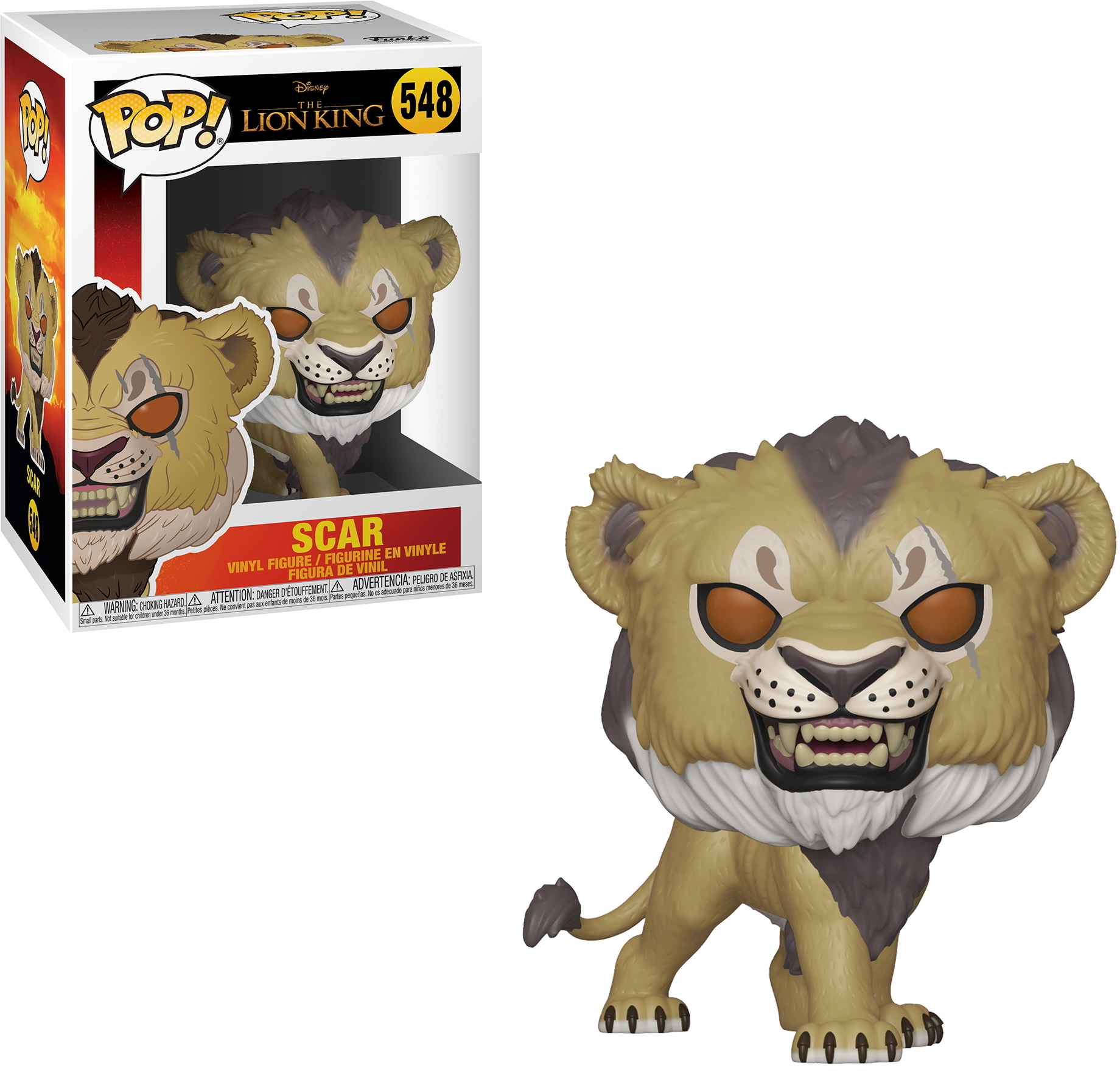 Una figura di Scar Funko Pop dal film Il Re Leone. La figura è in una scatola.