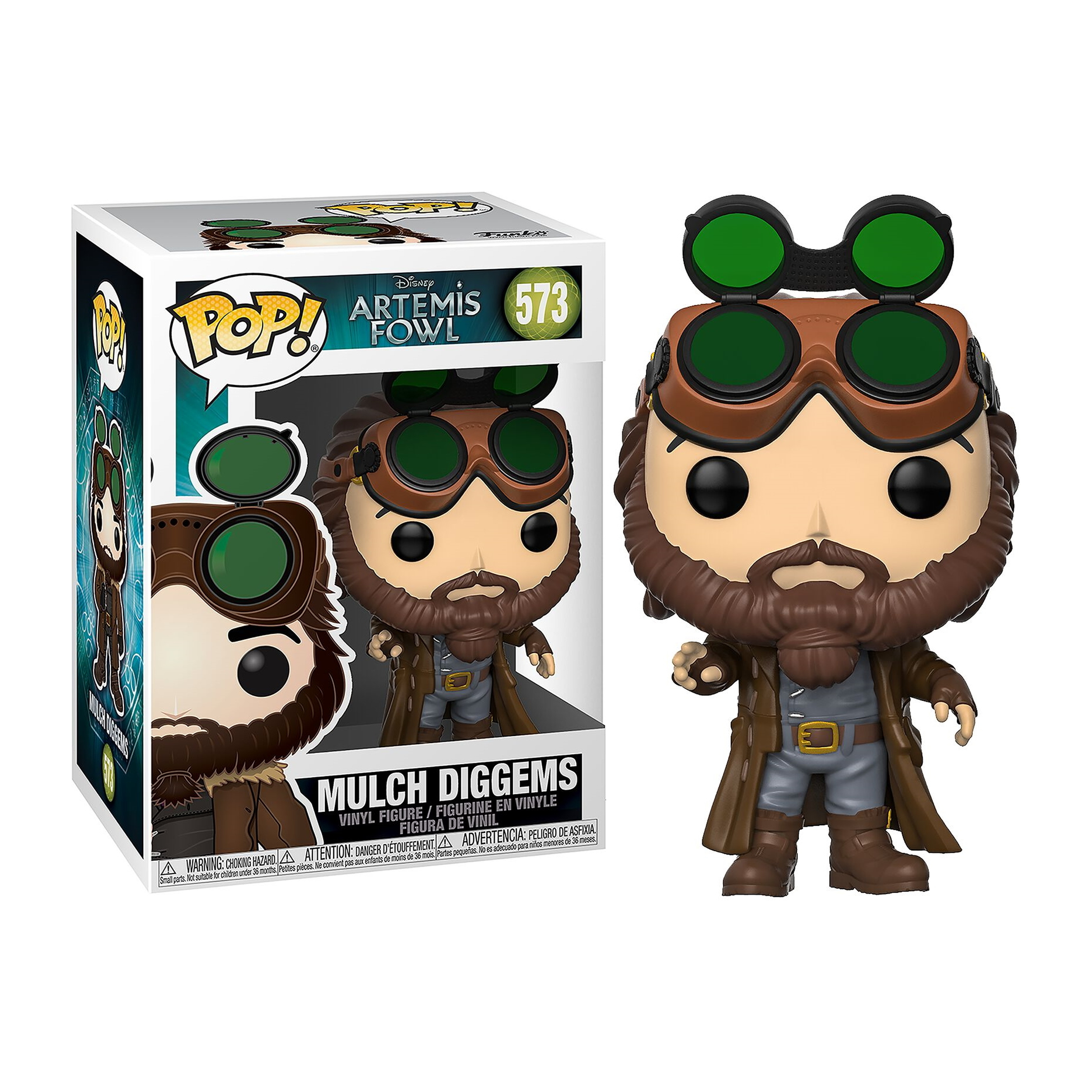 Eine Disney Artemis Fowl Mulch Diggums Funko Pop Figur in einer Box, mit Brille und braunem Mantel.