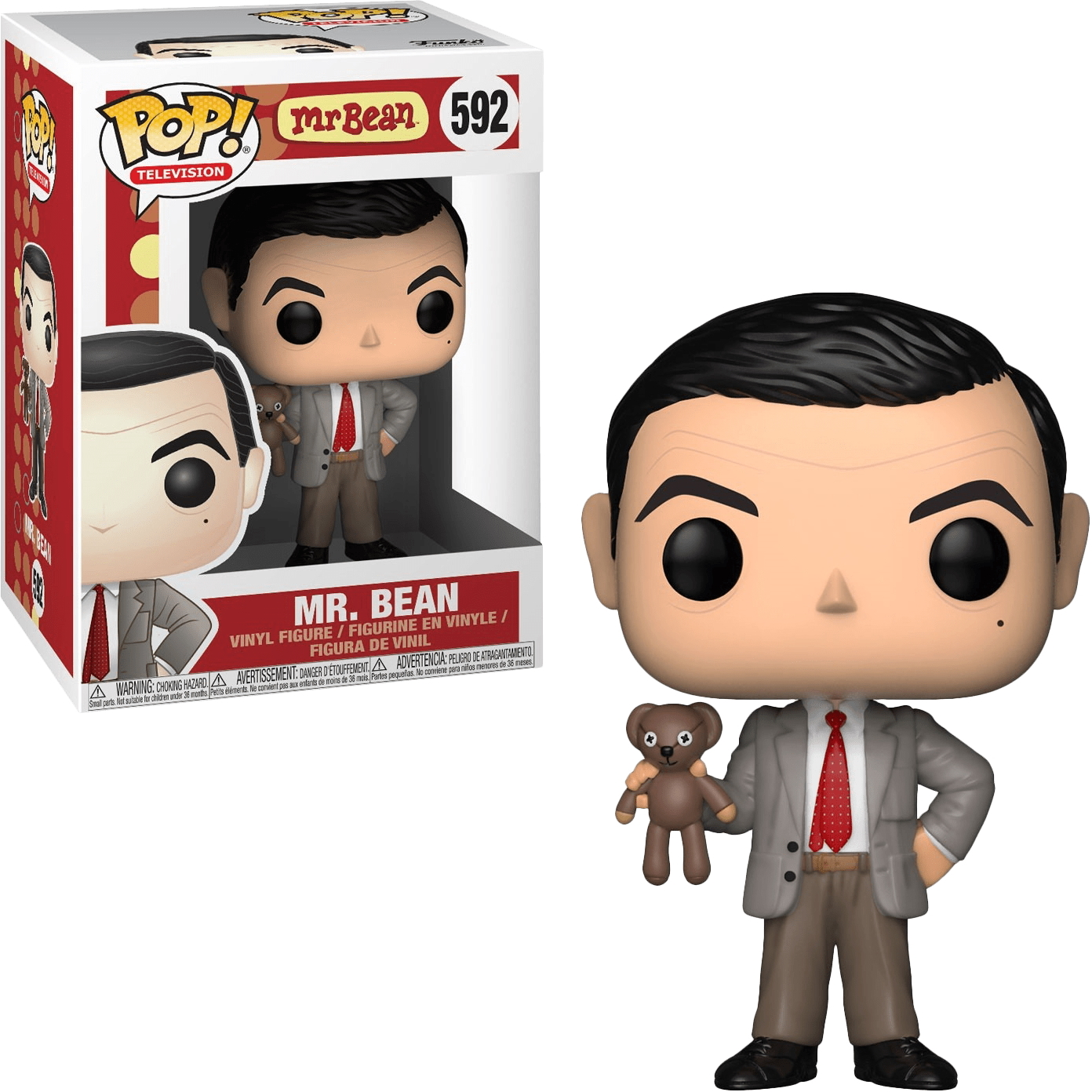 Mr. Bean Funko Pop Figur mit Teddybär, grauer Anzug, rote Krawatte.