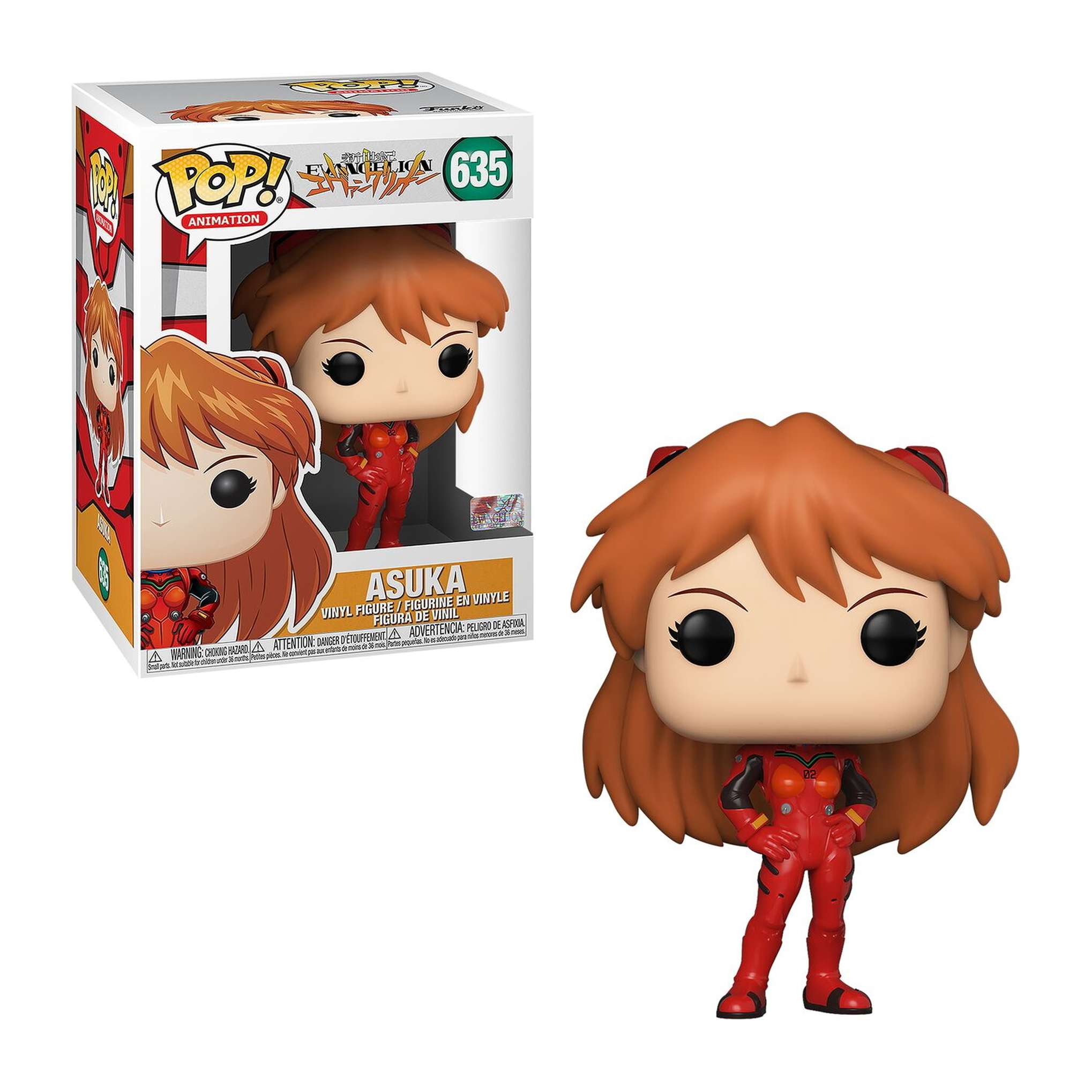 Asuka-Figur in rotem Anzug, orangefarbenem Haar und Schachtel. Weißer Hintergrund.