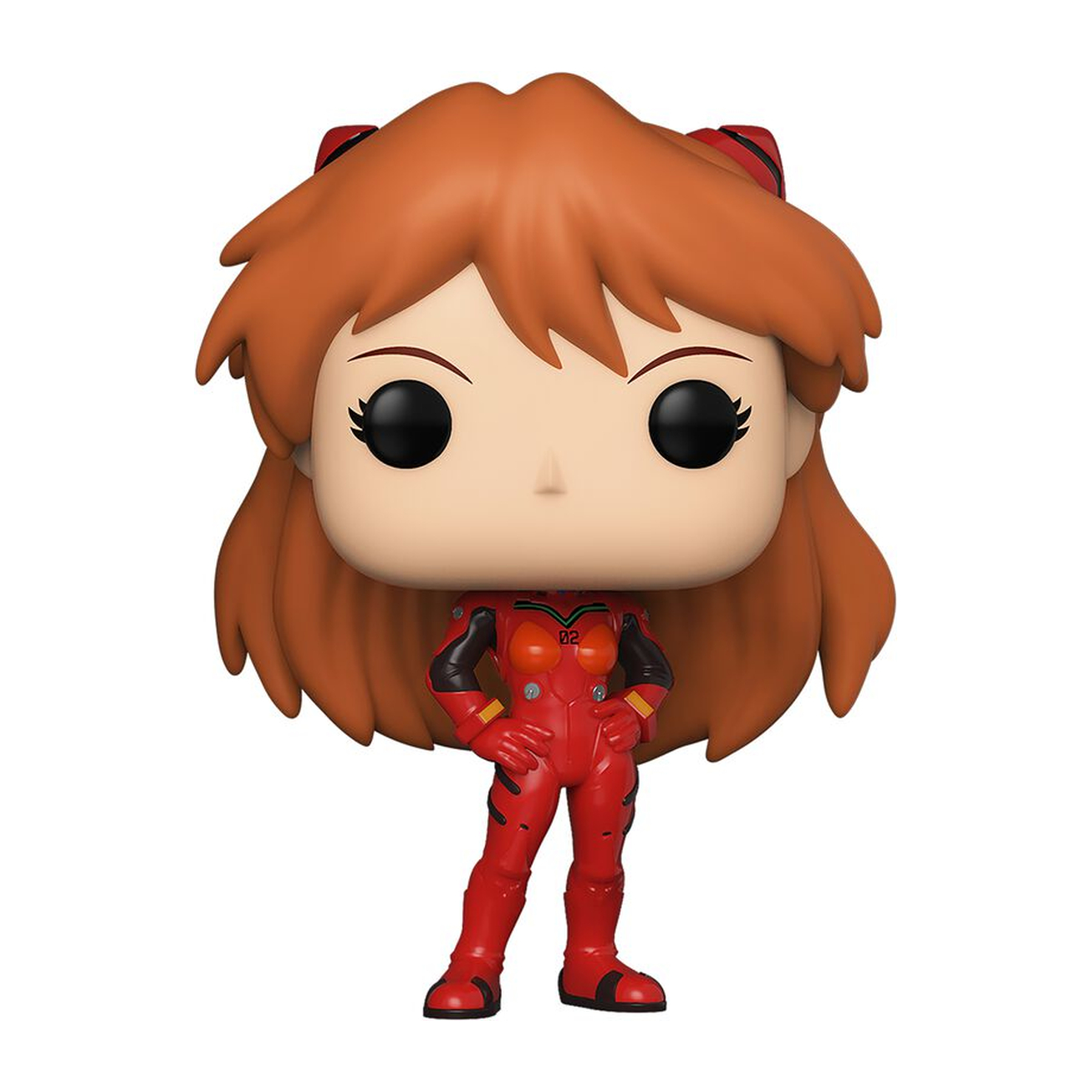 Asuka Funko Pop! Figur. Oranges Haar mit roten Bändern, roter Overall, Hände an den Hüften.