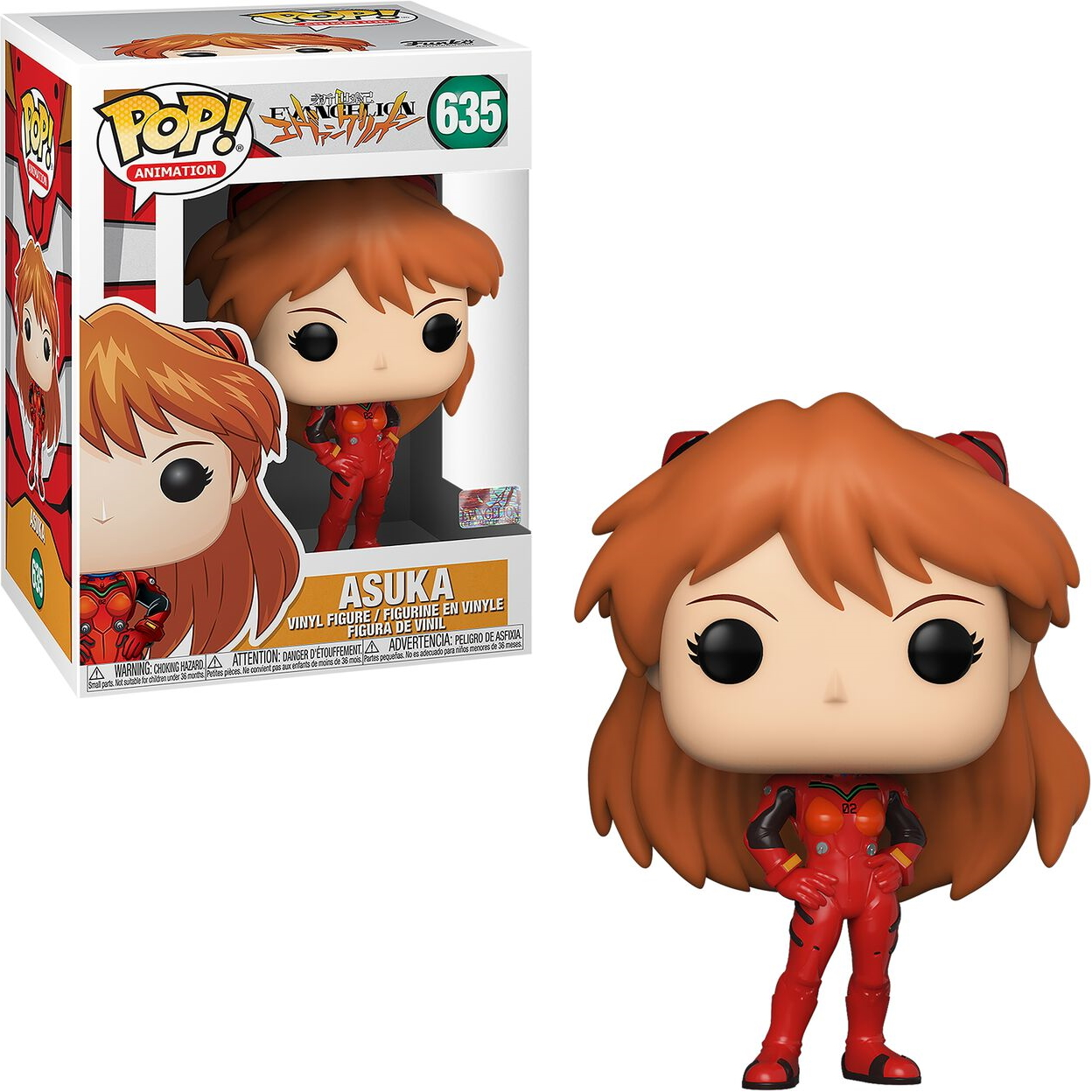 Asuka Funko Pop Figur mit Box, roter Anzug, orangefarbene Haare, schwarze Details.