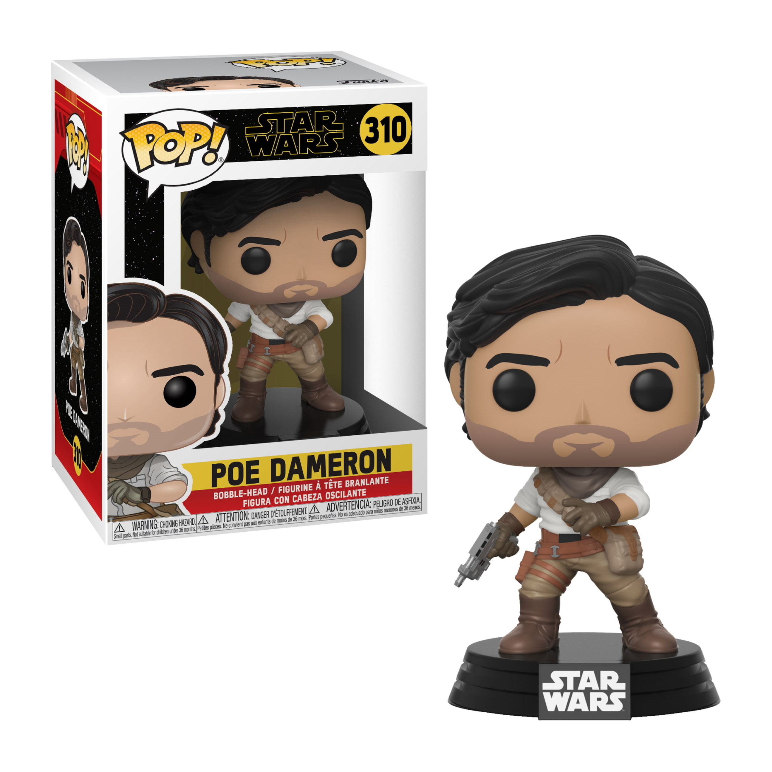 Figurka Funko Pop Poe Damerona z Gwiezdnych Wojen z pistoletem, czarną podstawą i pudełkiem w tle.