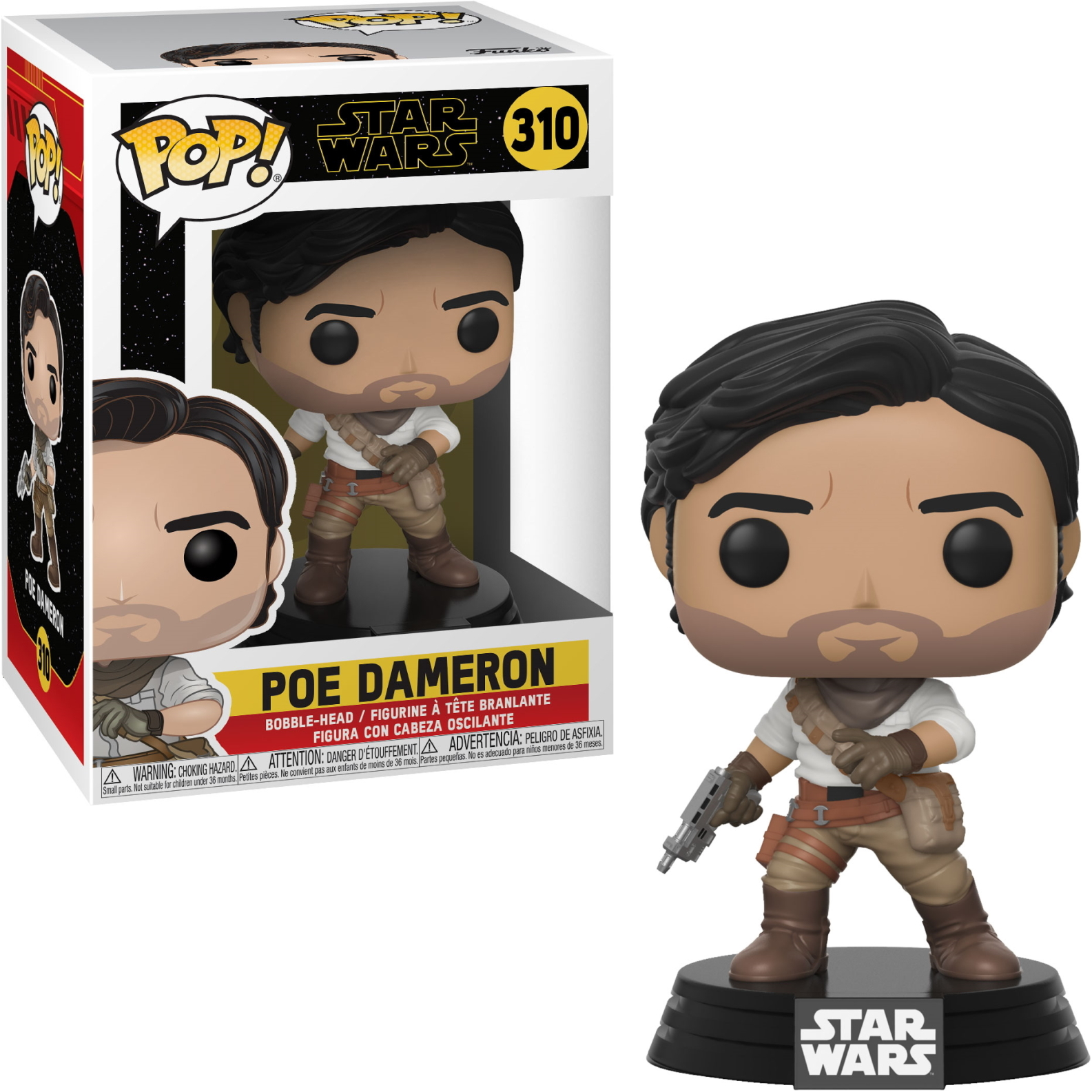 Figurka Funko Pop Poe Dameron, w pudełku, postać z Gwiezdnych Wojen, trzymająca blaster, brązowy strój, czarna podstawa.