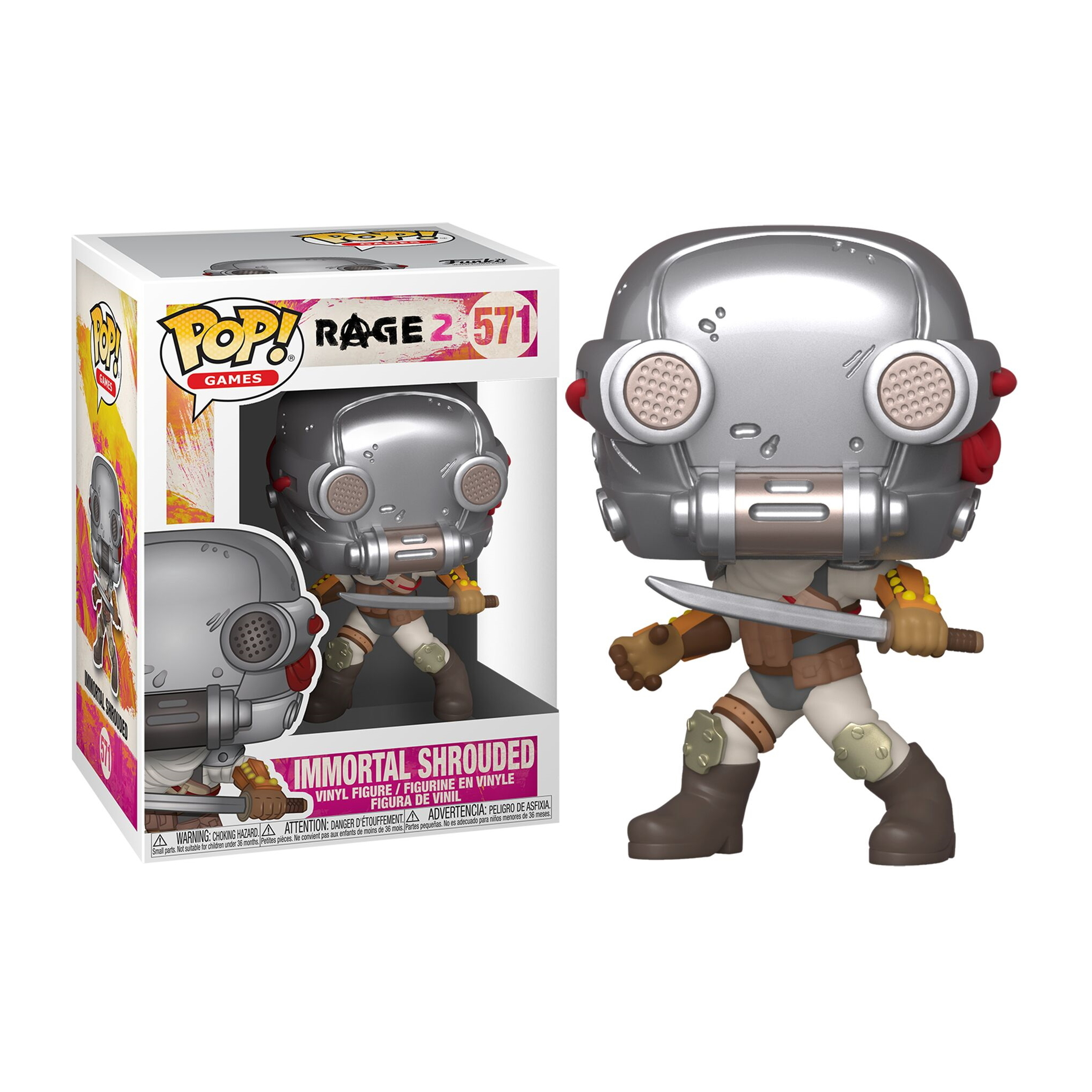 Funko Pop! Figur von Immortal Shrouded aus dem Spiel Rage 2 in einer Box. Die Figur ist metallisch.