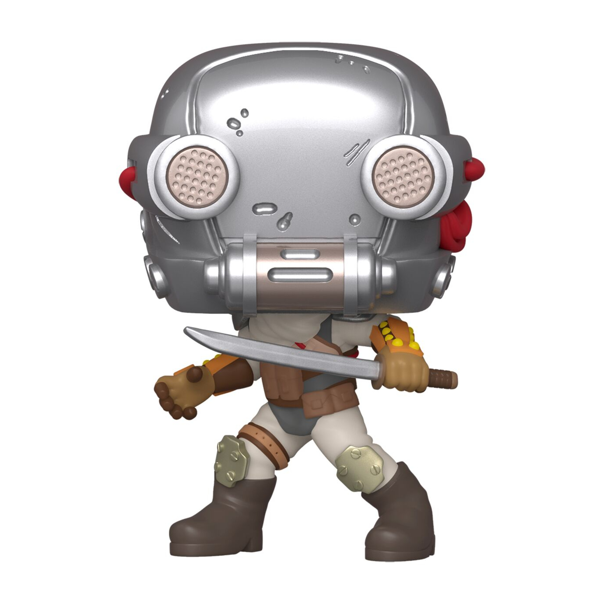 Funko Pop eines futuristischen Soldaten mit Helm, der ein Schwert hält, und Seitenansicht.