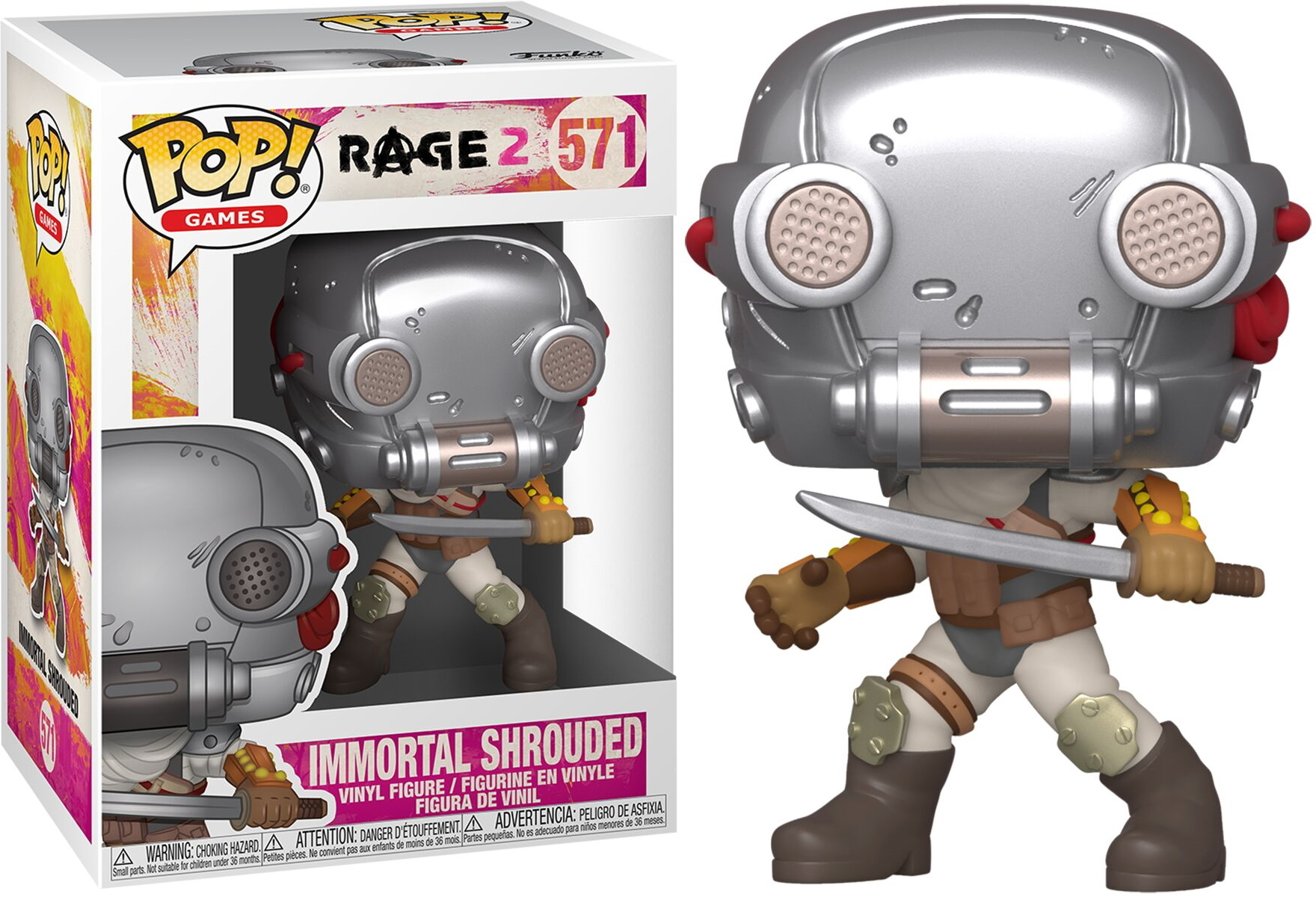 Immortal Shrouded Funko Pop Figur mit silbernem Helm und Anzug, hält eine Klinge. Verpackt.