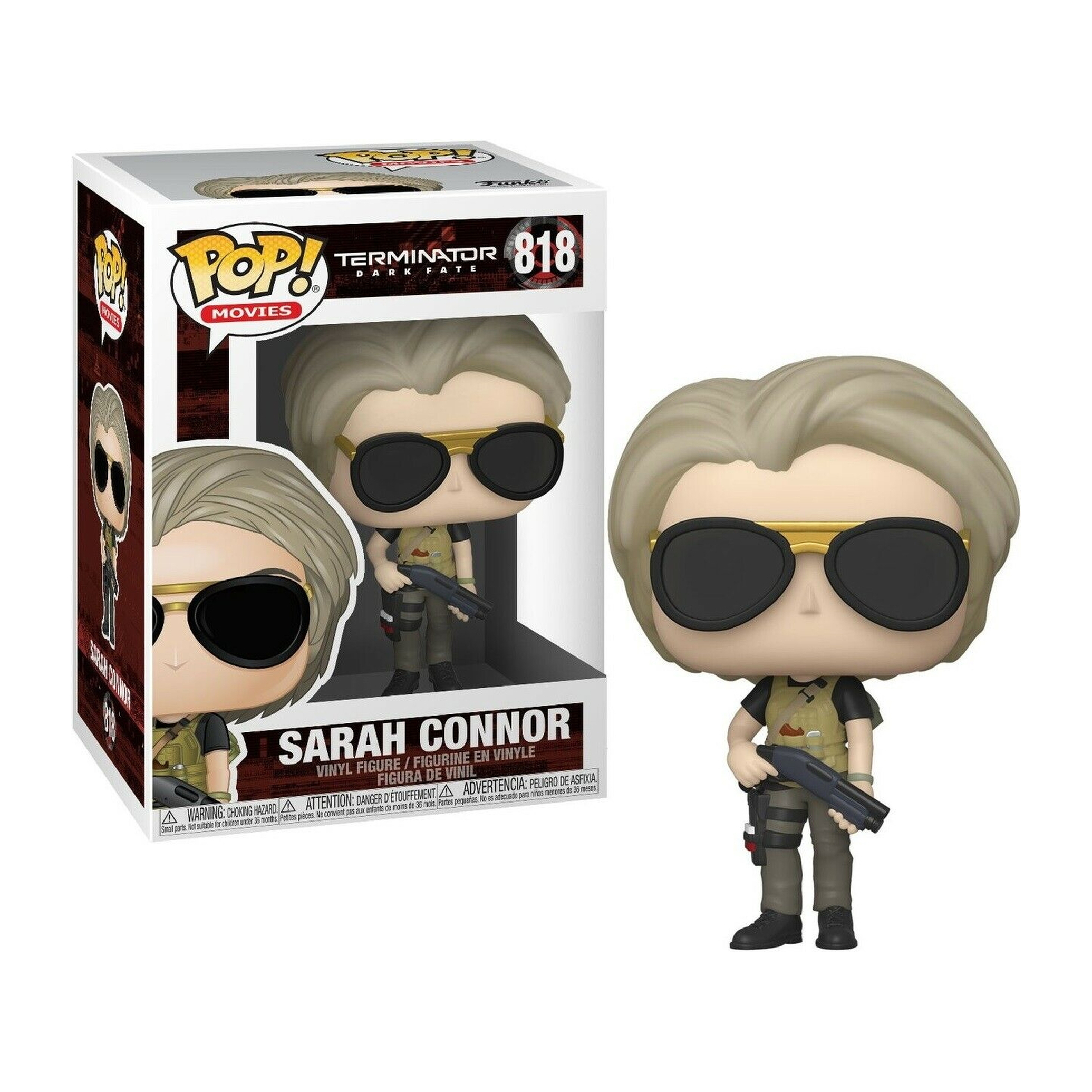 Sarah Connor Funko Pop di Terminator, con un fucile, con occhiali da sole. Sfondo bianco.