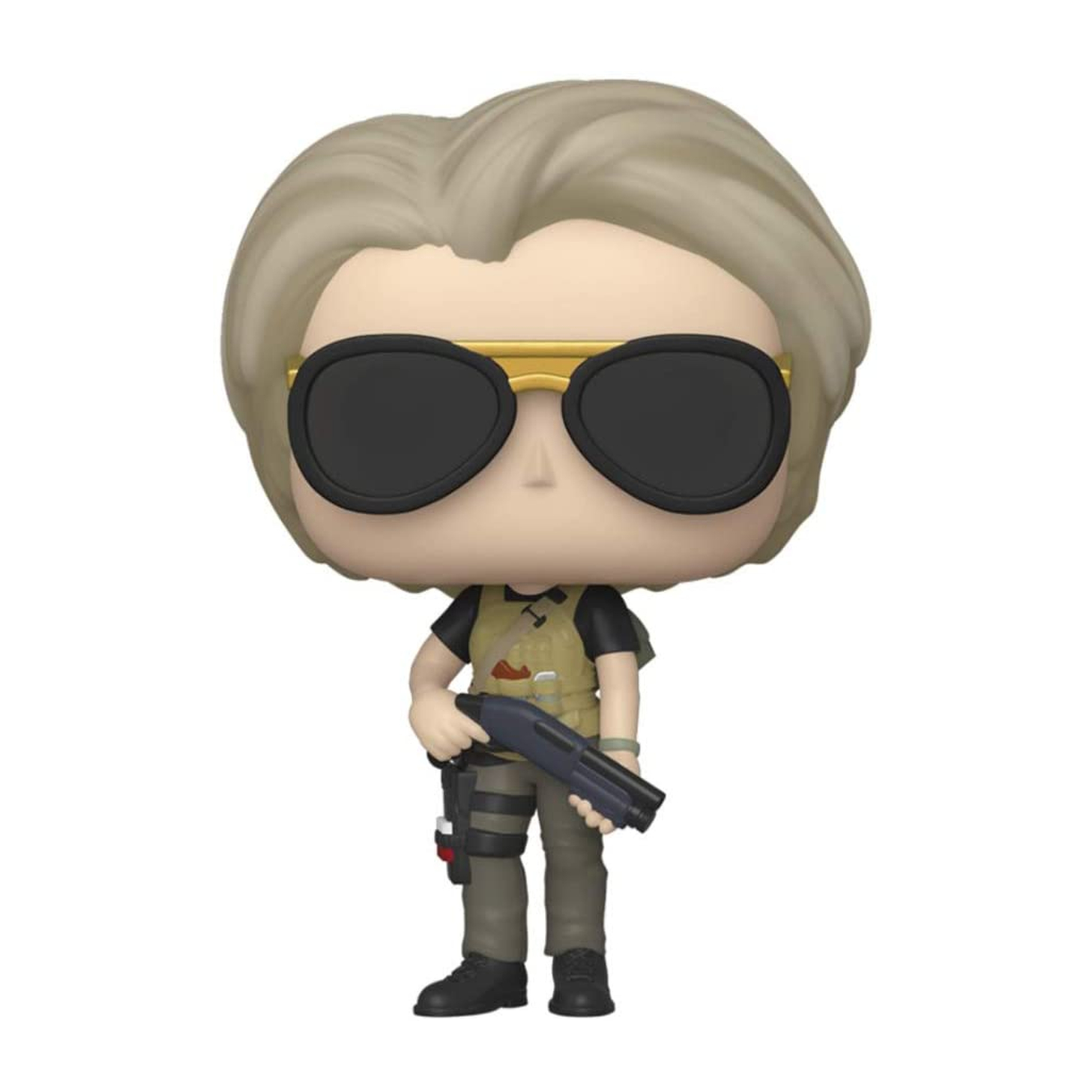 Personaggio Funko Pop di una donna con occhiali da sole che tiene una pistola. Indossa un gilet.