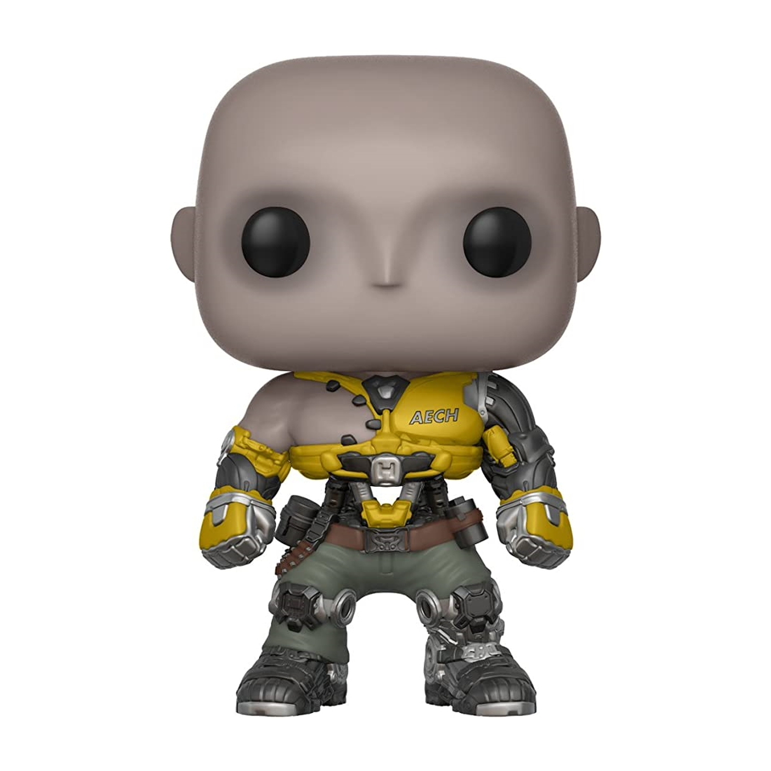 Eine Funko Pop Figur eines glatzköpfigen Mannes mit einer gelb-schwarzen Weste. Der Mann hat dunkle Augen und einen ernsten Ausdruck.