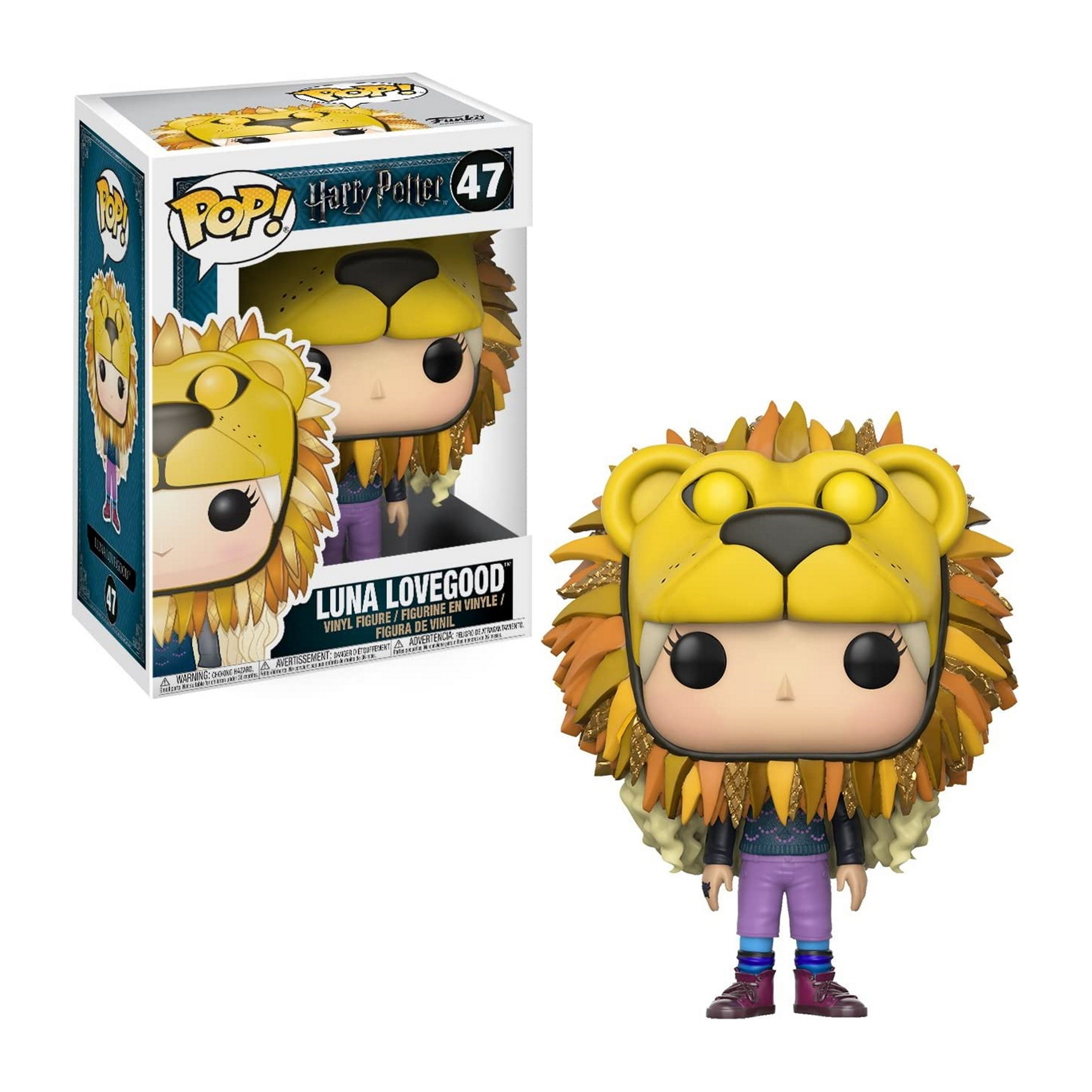 Luna Lovegood Funko Pop Figur, Löwenhut, blonde Haare, lila Outfit, Schachtel im Hintergrund.