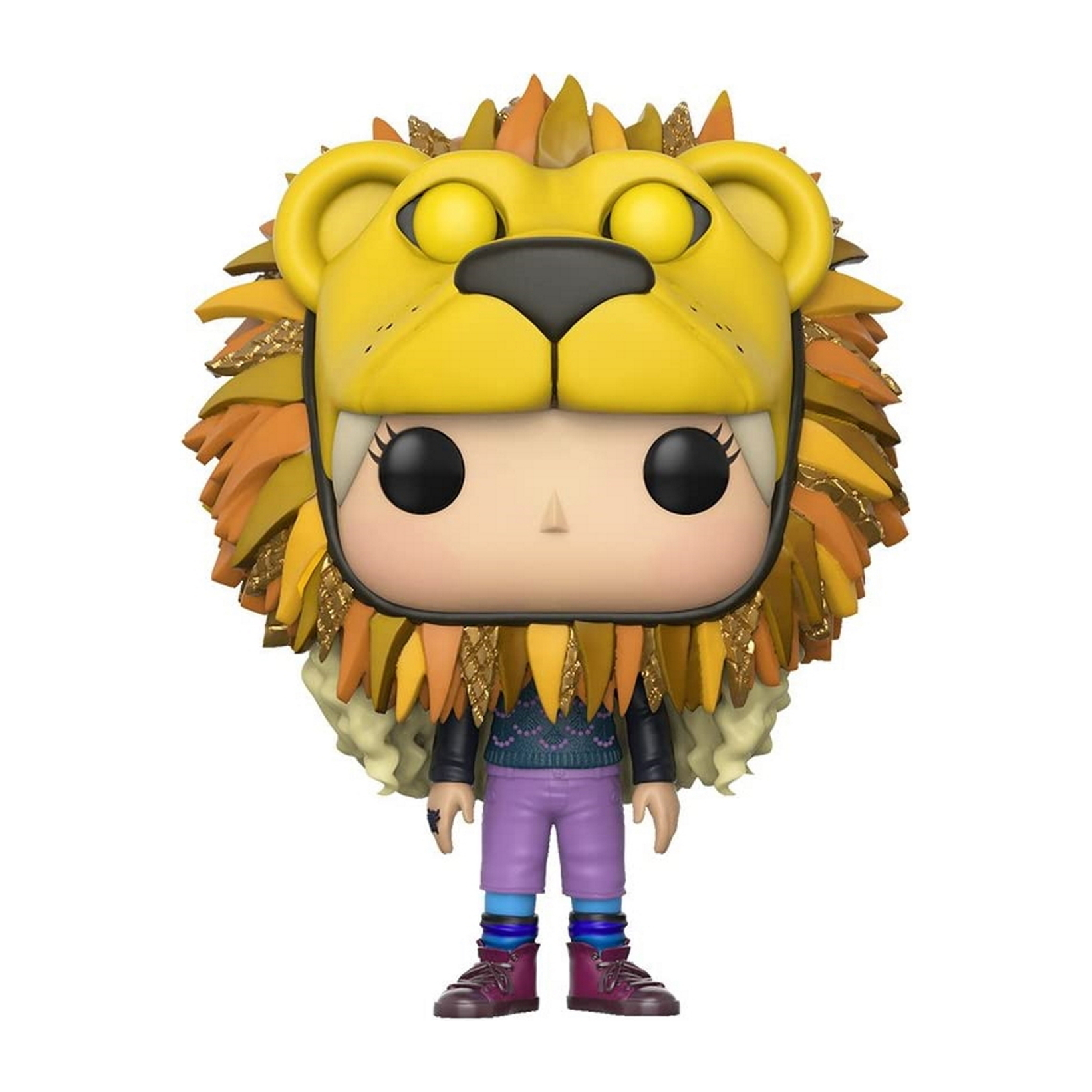 Eine Funko Pop Figur einer Person, die einen Löwenkopf trägt. Die Figur hat ein lila Outfit.