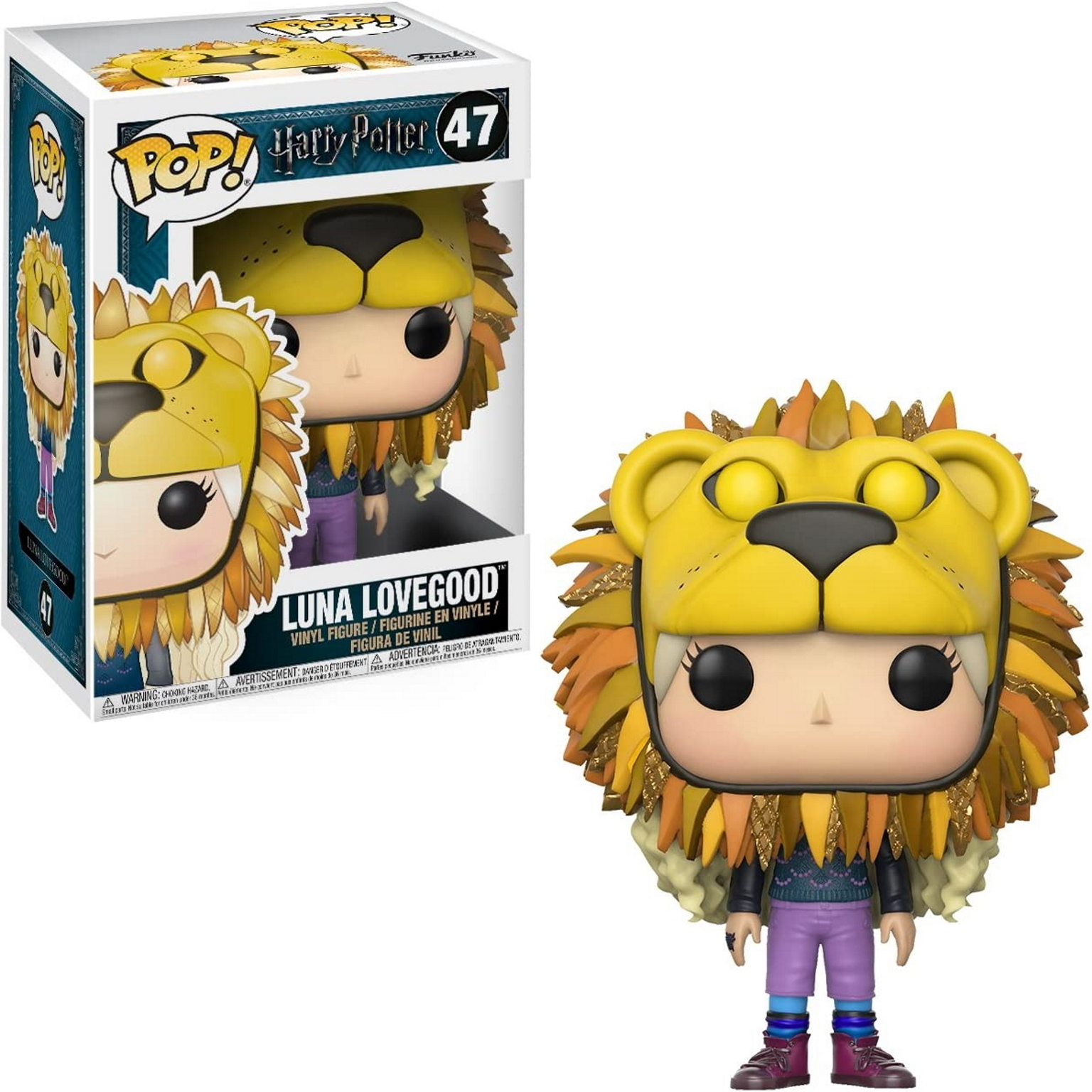 Luna Lovegood Funko Pop Figur in einem Löwenhut und ihrer Box. Sie trägt lila Hose und blaues Hemd.