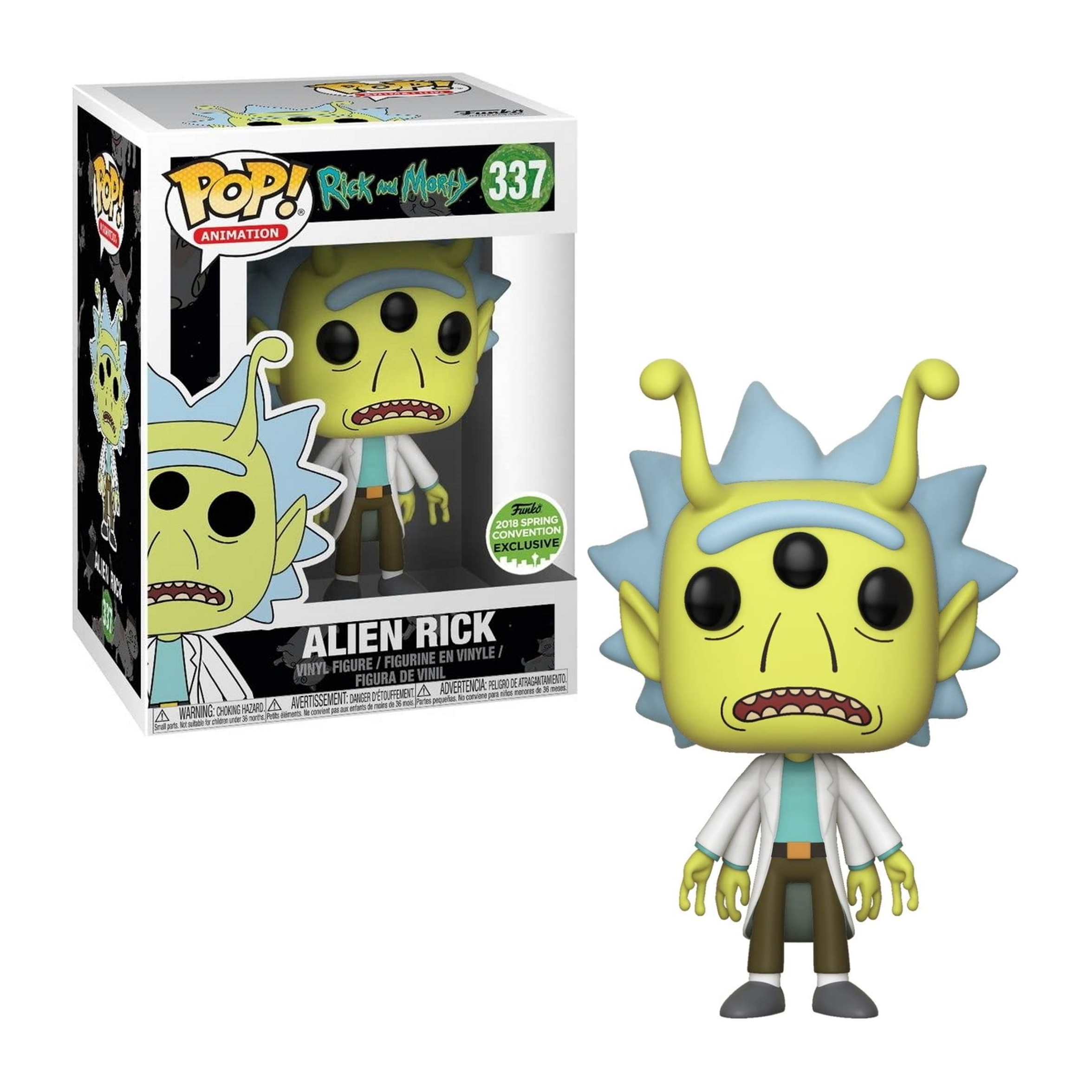 Alien Rick Funko Pop Figur in Box. Drei Augen, Laborkittel, grüne Haut.