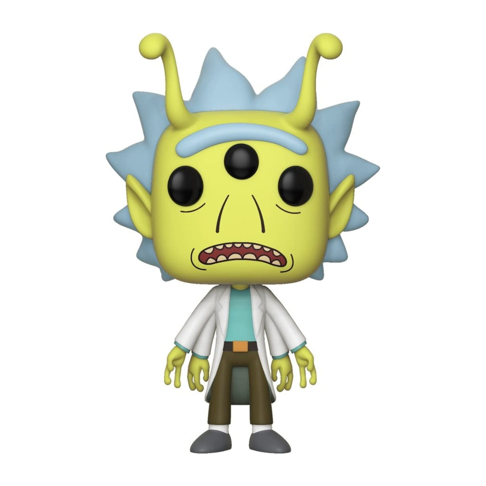 Funko Pop Figur. Alien Rick mit drei Augen, gelber Haut und stacheligem Haar. Weißer Hintergrund.