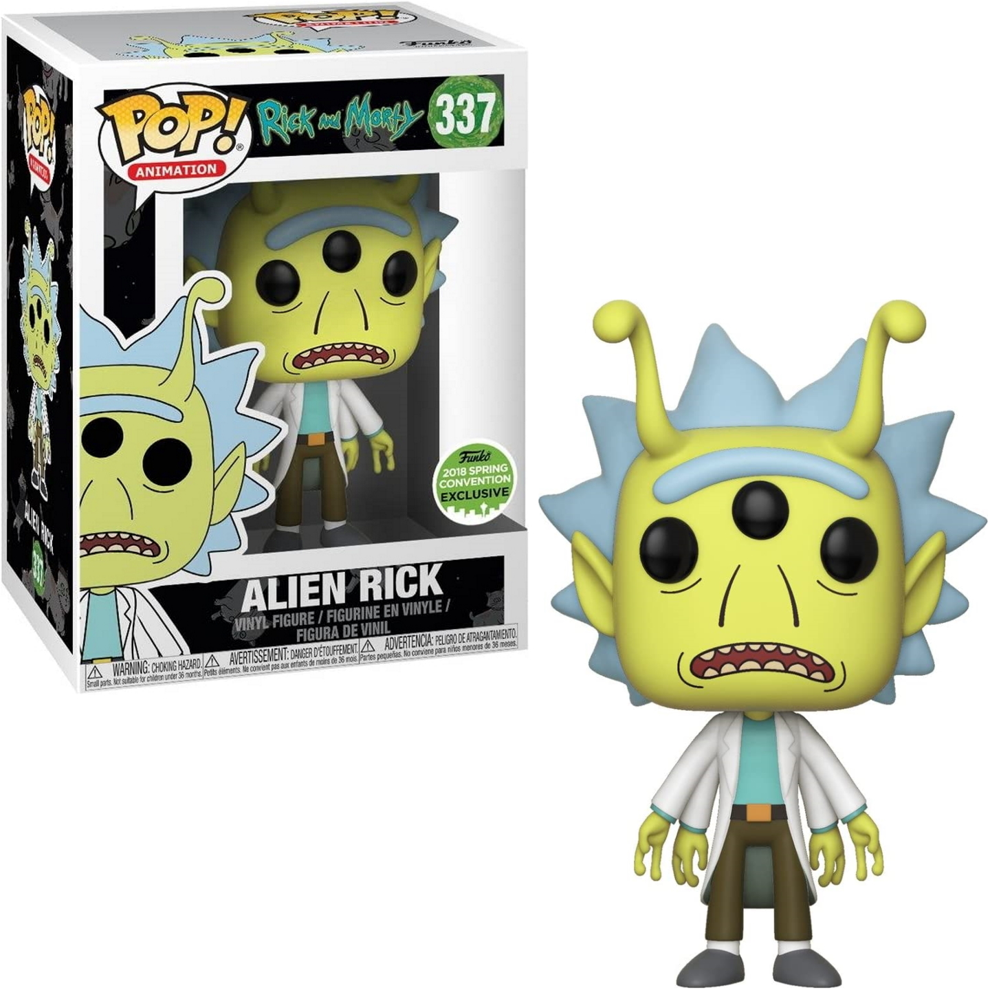 Alien Rick Funko Pop! Figur. Grüne Haut, drei Augen, weißer Laborkittel, Arme ausgestreckt.