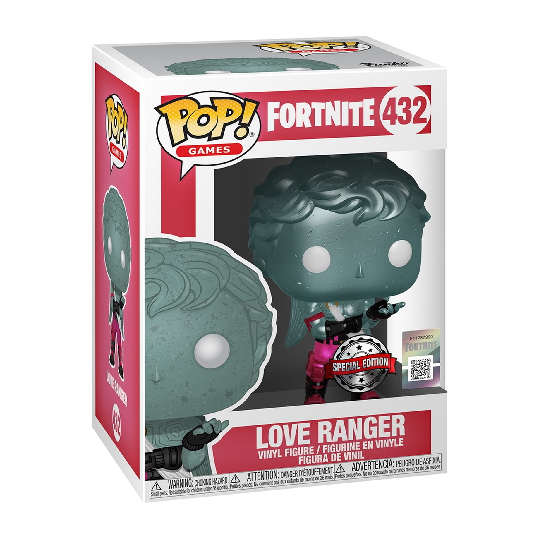 Love Ranger Funko Pop Figur in Box. Grüne Haut, rosa Outfit. Hintergrund: Fortnite Logo und Special Edition Aufkleber.