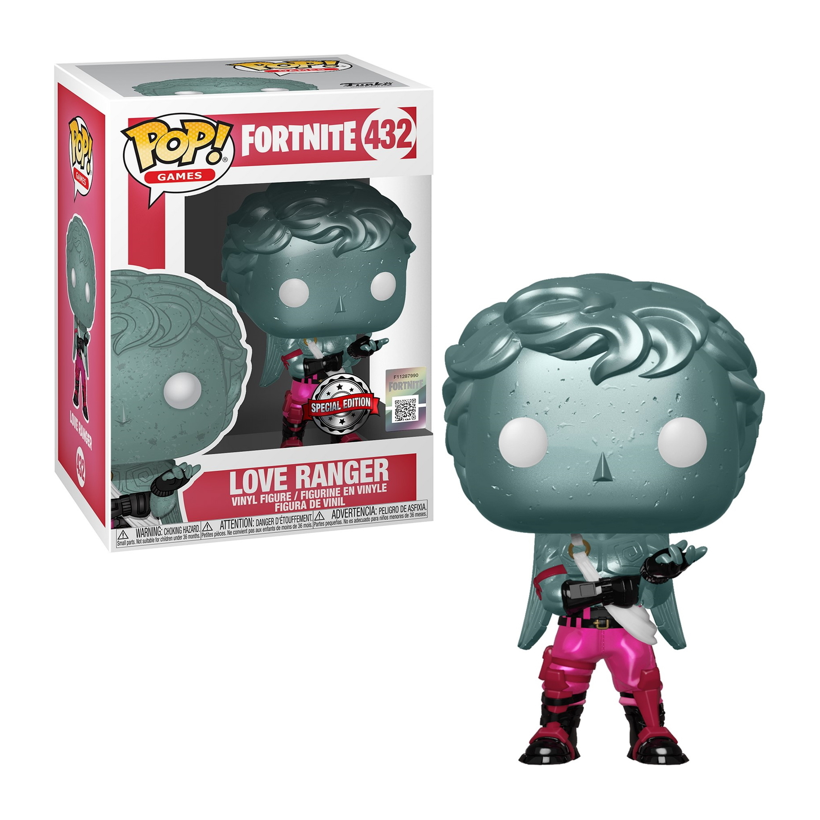 Fortnite Love Ranger Figur. Blaue und rosa Figur mit Flügeln, in Box.