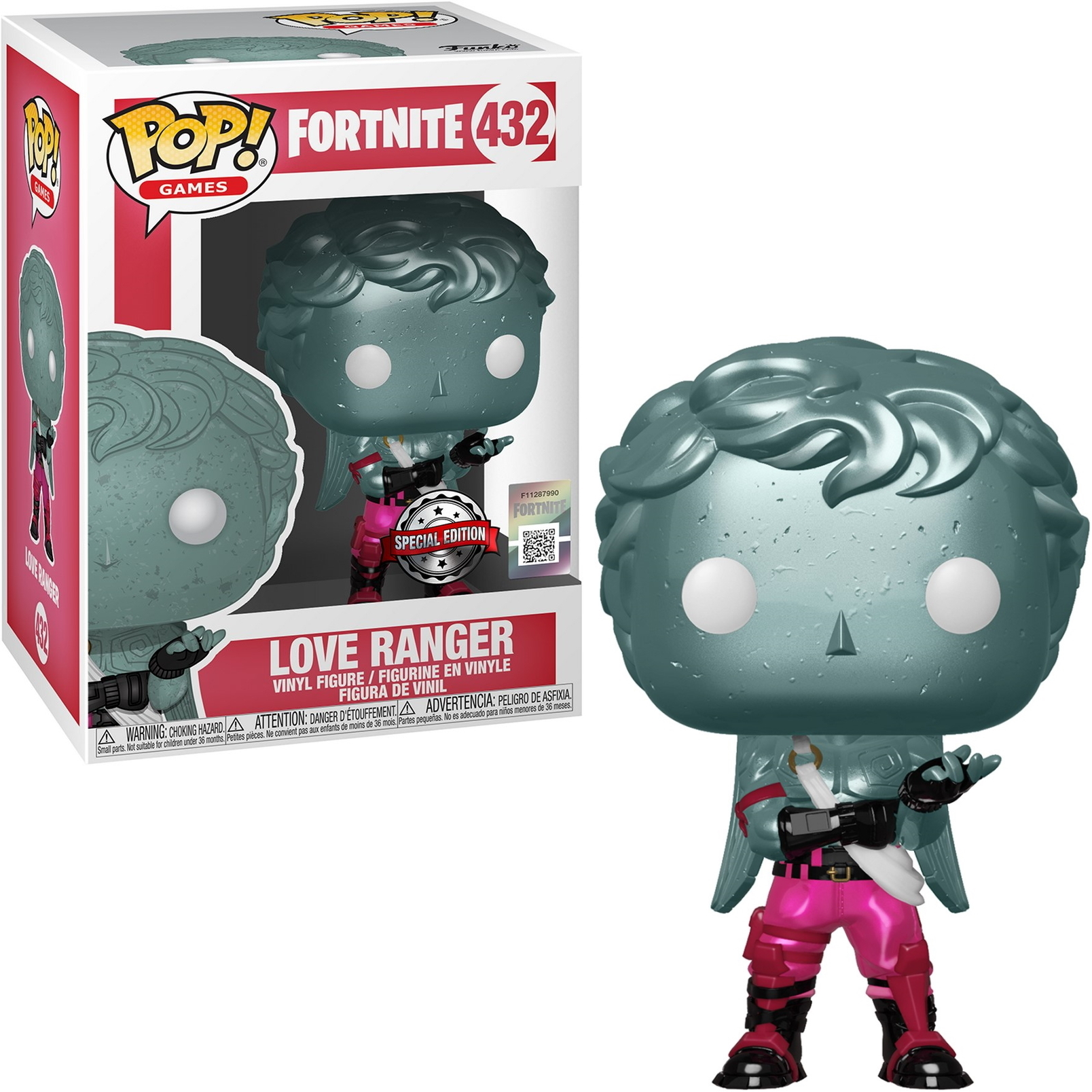 Eine Funko Pop Love Ranger Figur aus Fortnite, mit einer Box. Die Figur ist grau mit rosa Kleidung und Herzdetails.