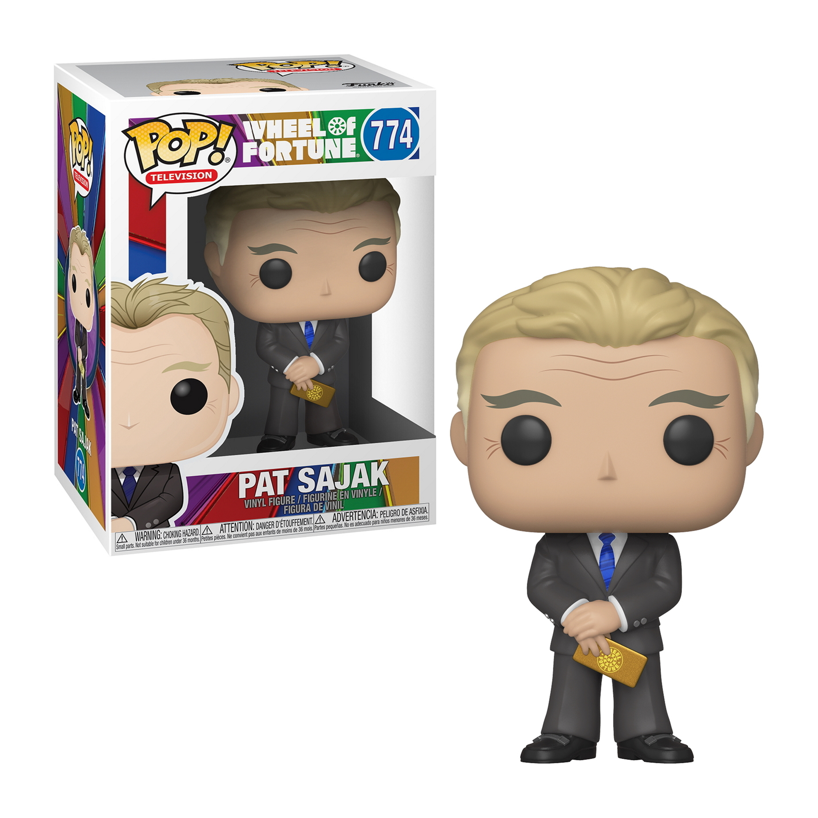 Pat Sajak Pop!-Figur von Wheel of Fortune, im Anzug, mit goldenem Ticket, auf einem Ständer.