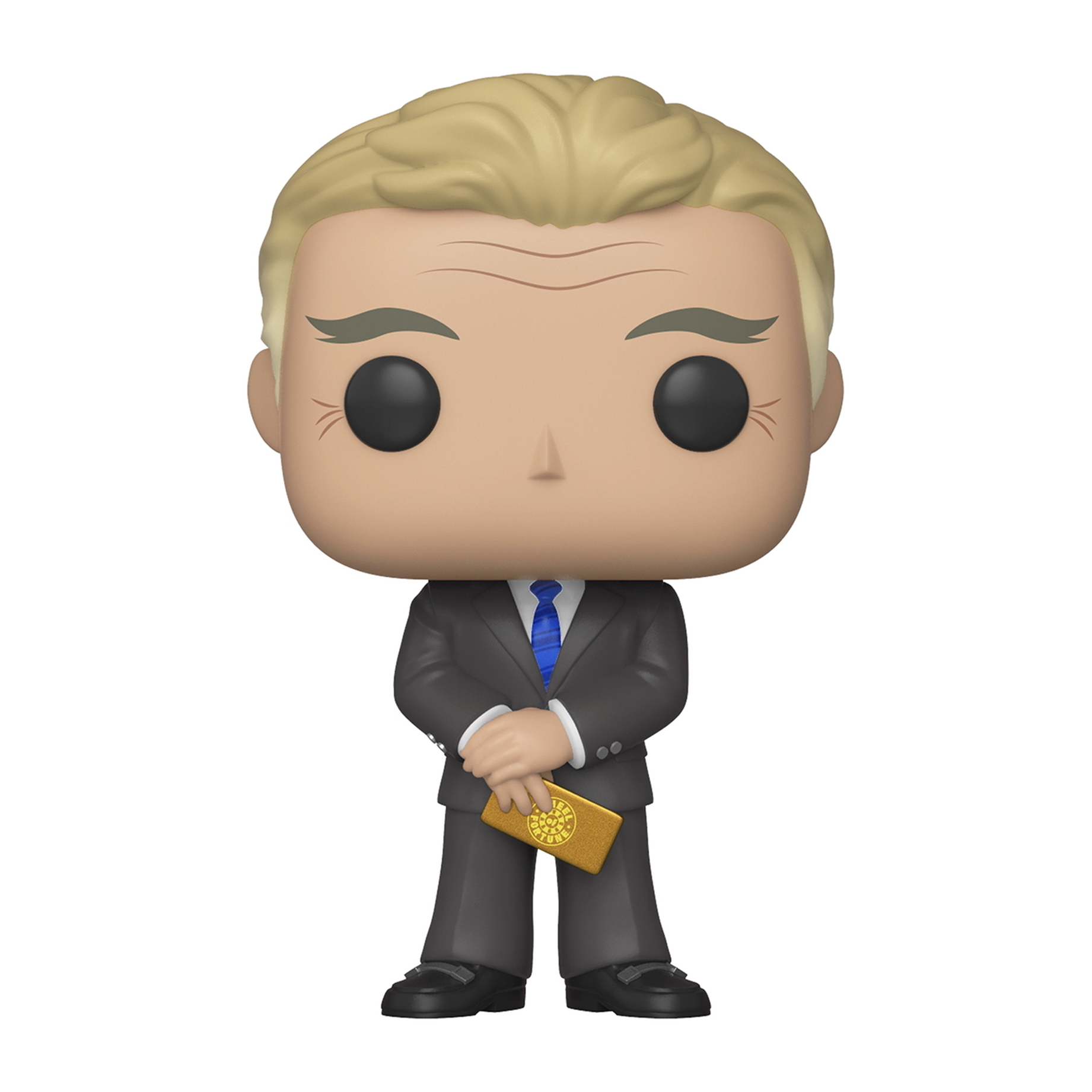 Funko Pop Figur eines Mannes im Anzug, der einen Goldbarren hält. Er hat blondes Haar und einen ernsten Ausdruck.