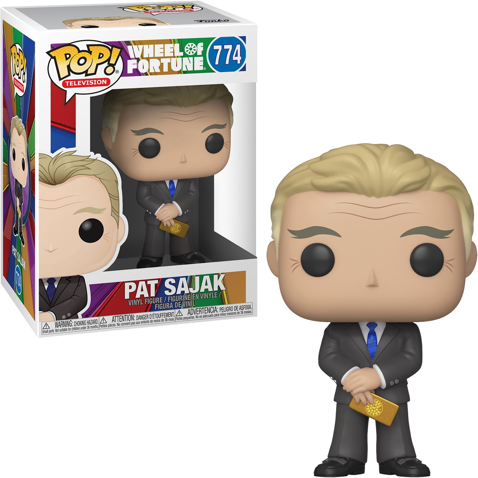 Funko Pop Figur von Pat Sajak im Anzug mit Spielshow-Karte.