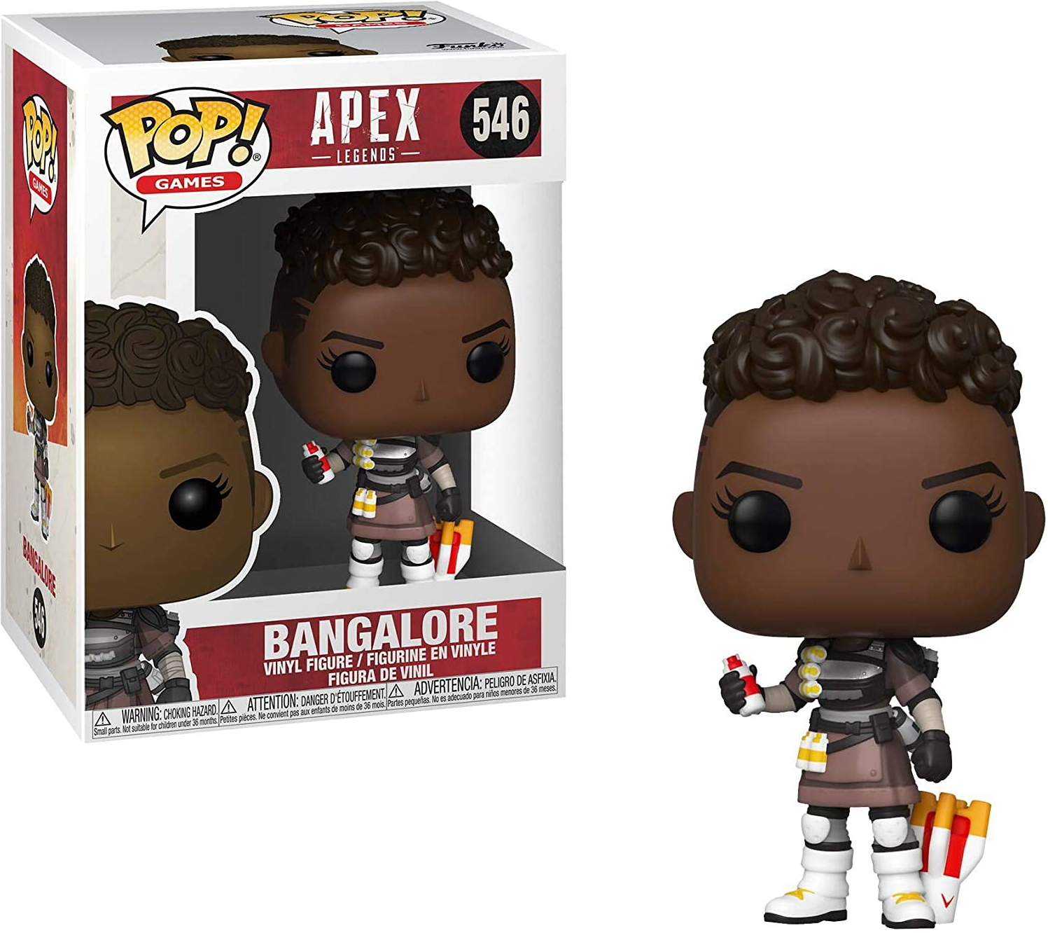 Figura di Bangalore da Apex Legends. Tiene una pistola e una scatola di fiammiferi su sfondo bianco.