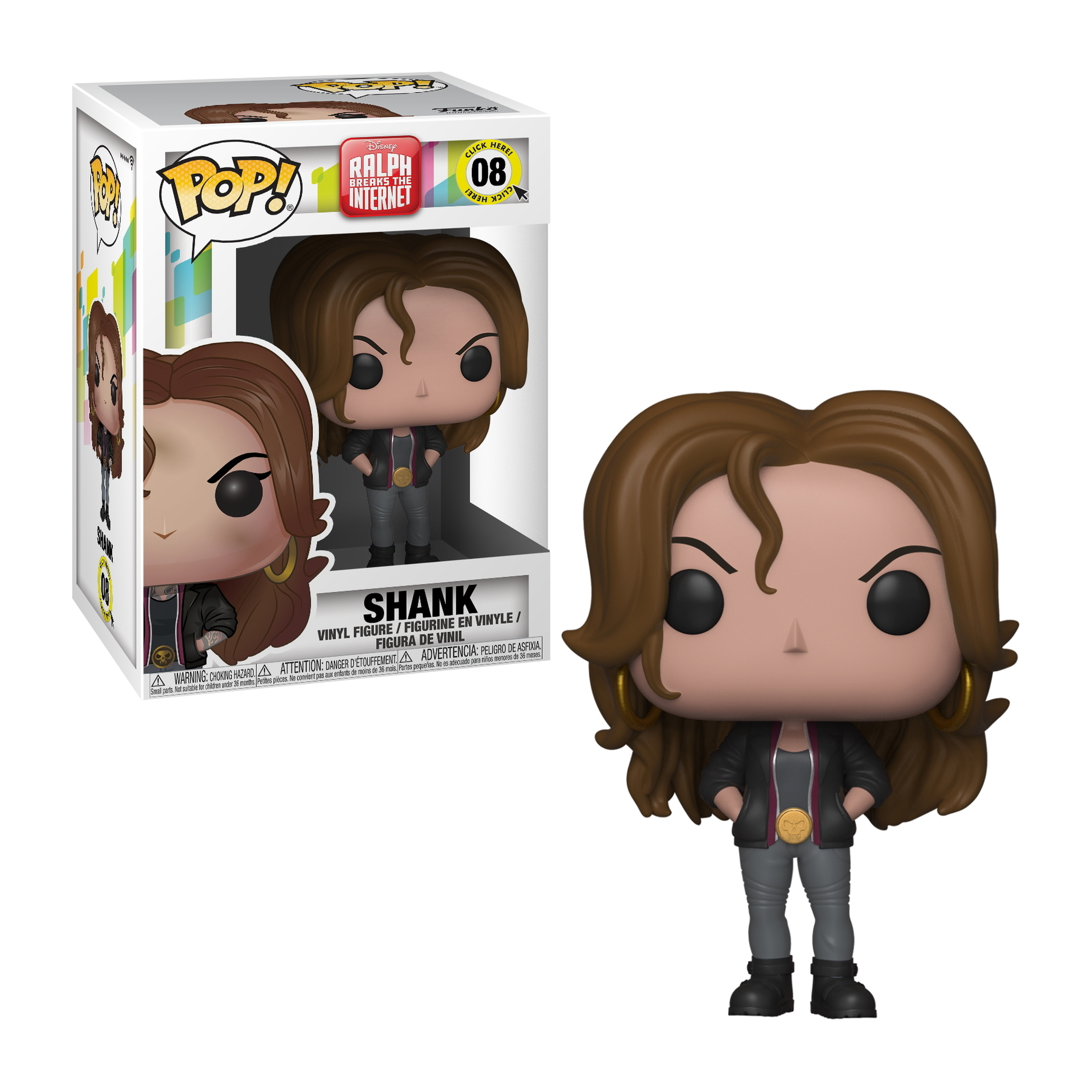 Shank z Ralph Breaks the Internet Funko Pop! figurka. Brązowe włosy, czarna kurtka i złote kolczyki.